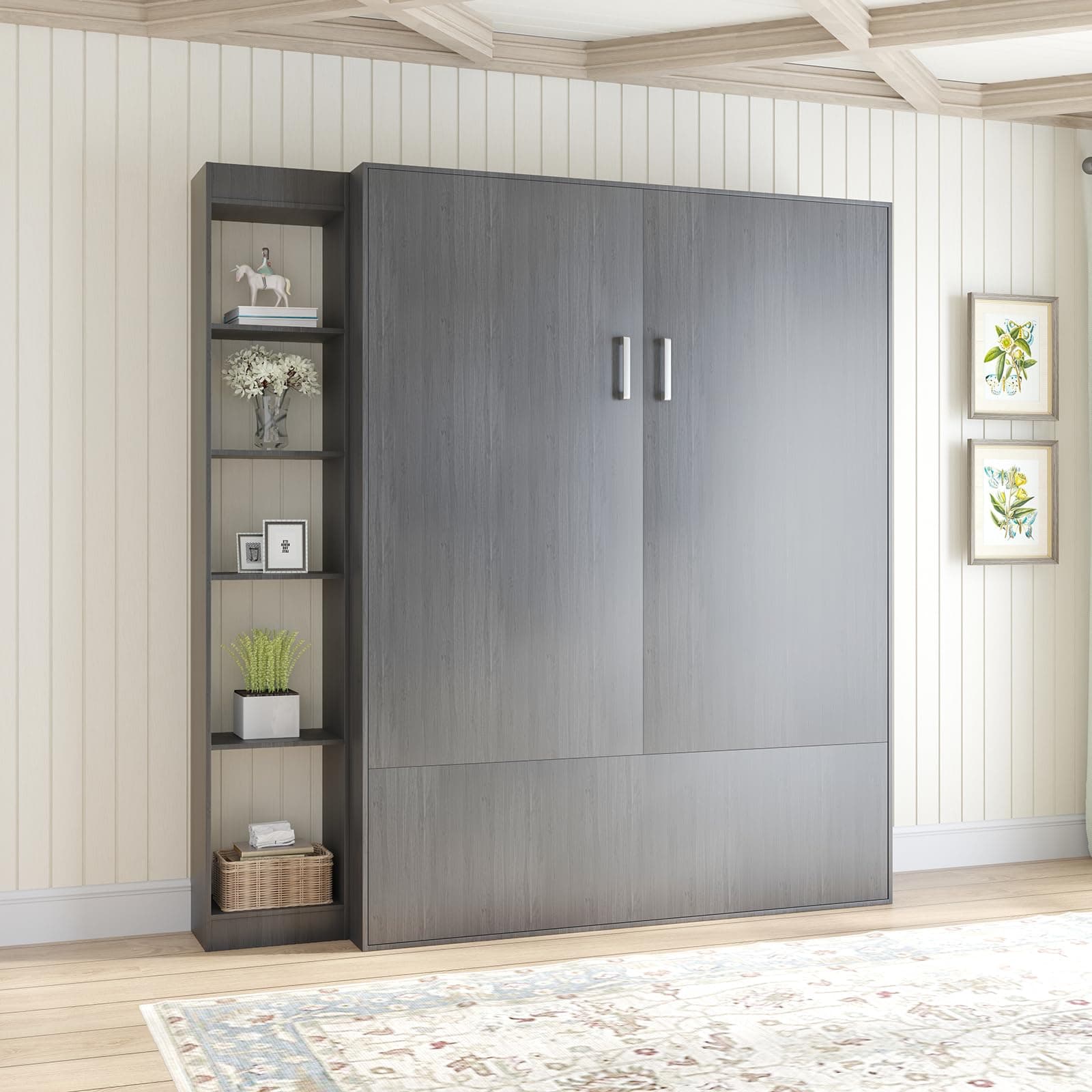 BALUS 81" W Murphy Bed with High Capacity Storage Chest, Fold-Up Hidden Murphy Wall Bet, Queen Size Cube Cabinet Bed, Space Saving Solid Wood Beds for Guest Room Bedroom Apartment - Dark Grey