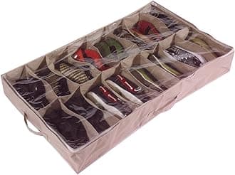 Brilliant Feet CST025 - Large Heavy Duty 16 Pocket Underbed Shoe Storage Bag for up to 16 Pairs of Shoes - Robust Oxford Canvas-Type Material (600D) - Clear PVC Lid - 60x15x100cm - Beige