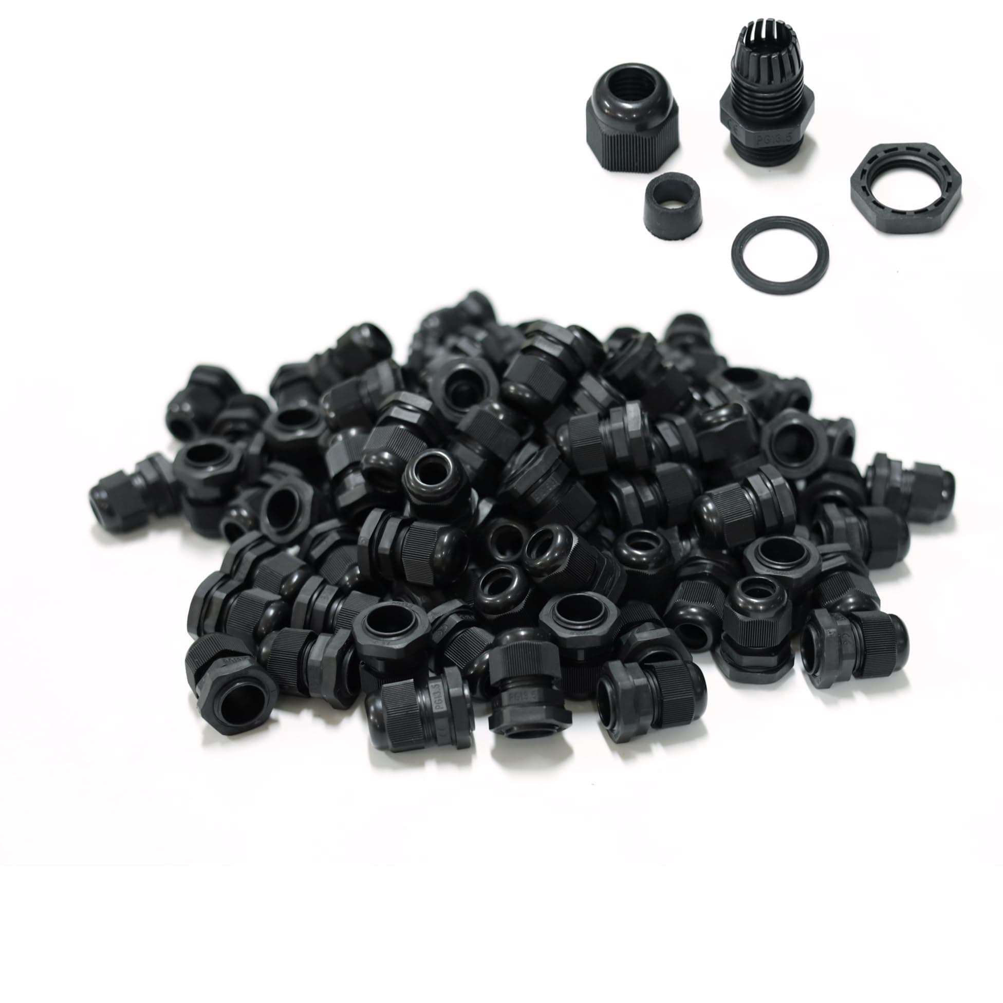 100 pcs PG13.5 Waterproof Cable Gland Connector Black Adjustable IP68 M20 Plastic Cable Gland with Locknut Rubber Ring for 6-12mm Wire
