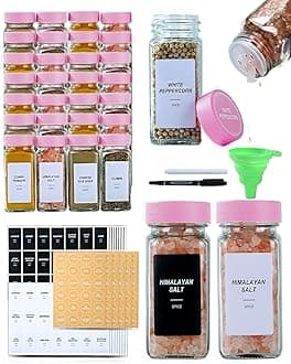 36 Glass Spice Jars with Label-4oz Spice Containers with Pink Lids and Shaker Lids,3 Sets of Spice Labels 1 Collapsible Funnel 2 Erasable Markers (36)