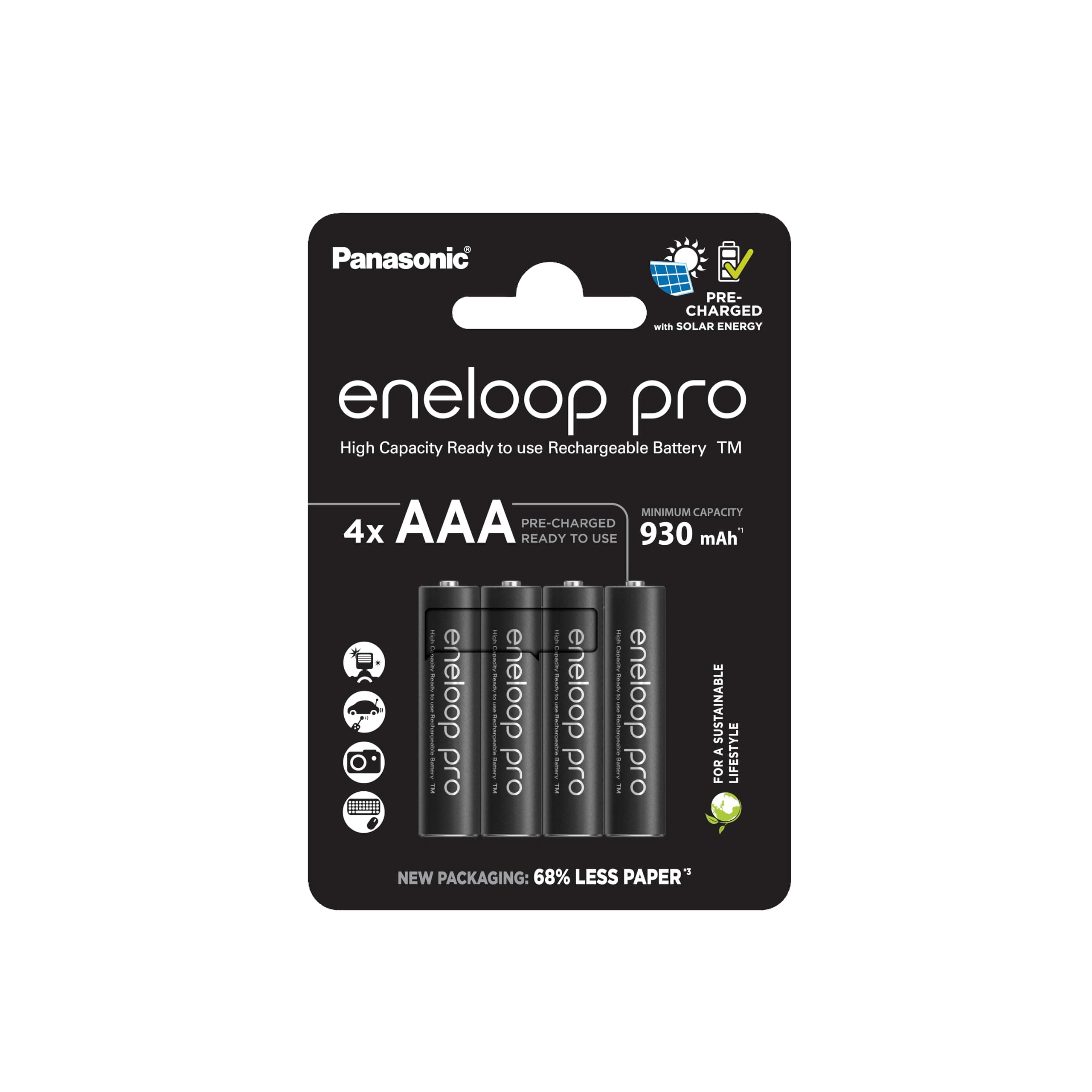 Eneloop Panasonic pro ready-to use Ni-MH battery, AAA/Micro, 4-pack, min. 930 mAh, 500-charge cycle life, very high power performance & low self-discharge, plastic free packaging