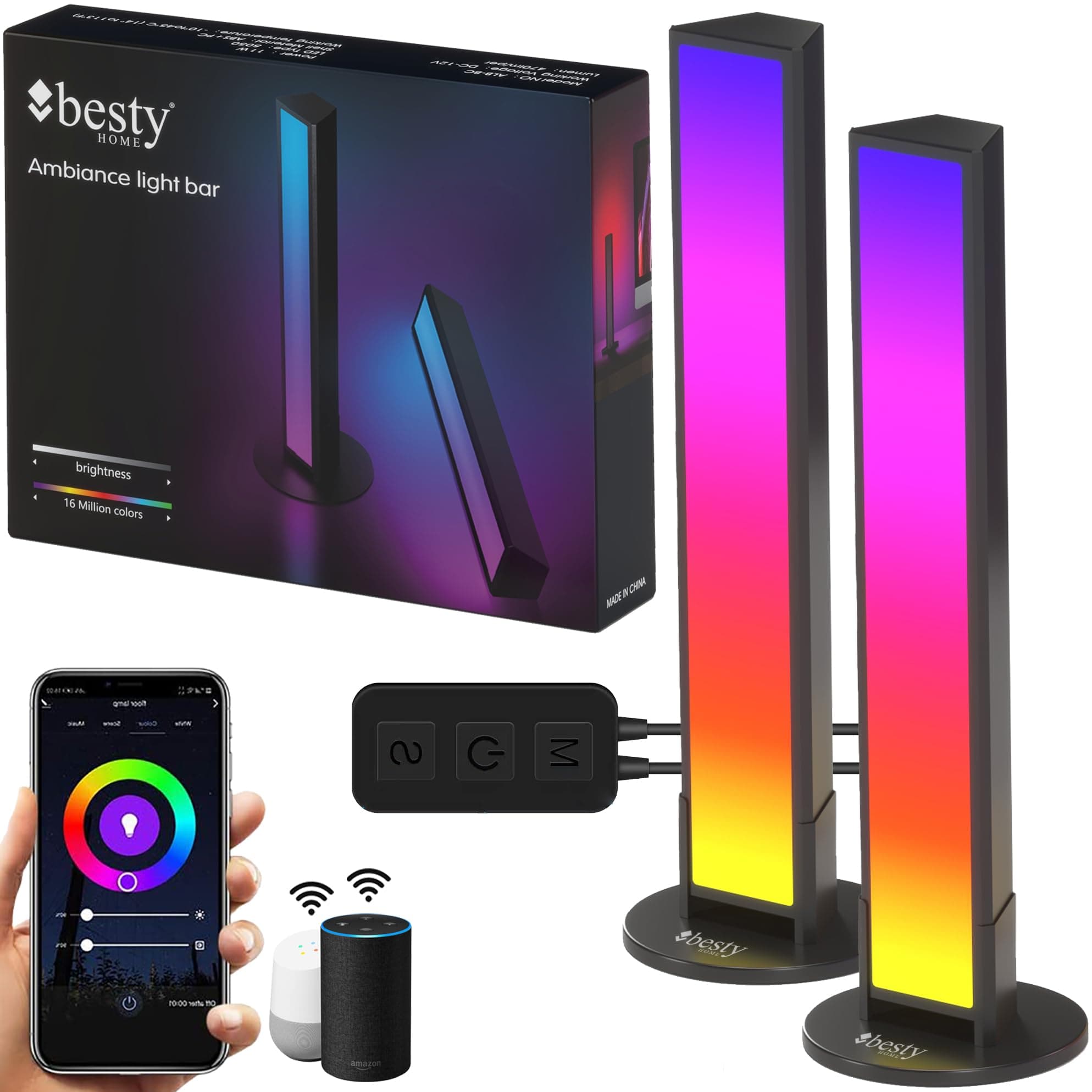 Smart Flow Light Bars, Wifi Mobile App Works with Alexa and Google Assistant, TV Ambient Lighting, RGBICW Light Bars with Scene Modes and Music Modes for Gaming, Movies, PC, TV (Set of 2)