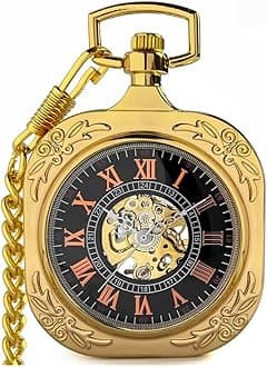 VIGOROSO Mens Classic Steampunk Pocket Watch with Chain Skeleton Hand Wind Mechanical Pocket Watches for Men & Women