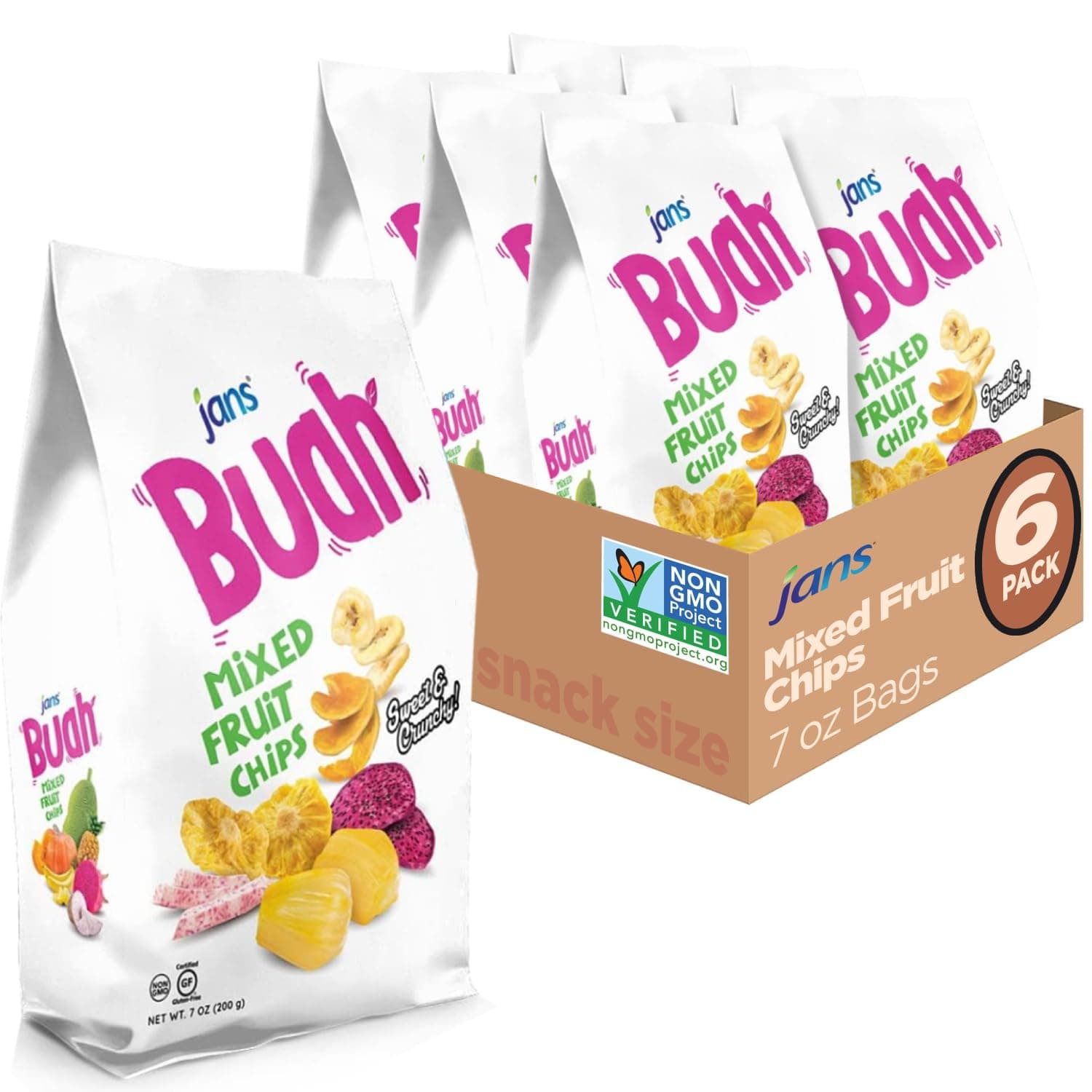 Jans Buah Mixed Fruit Chips, 7 Oz (Pack of 6 ) Tropical Mix of Red Dragonfruit, Pineapple, Banana, Jackfruit, Taro, Pumpkin Chips Experience Real Fruit, Gluten-Free, Sweet & Crunchy, Ready-to-Eat, Perfect for Anytime Snacking