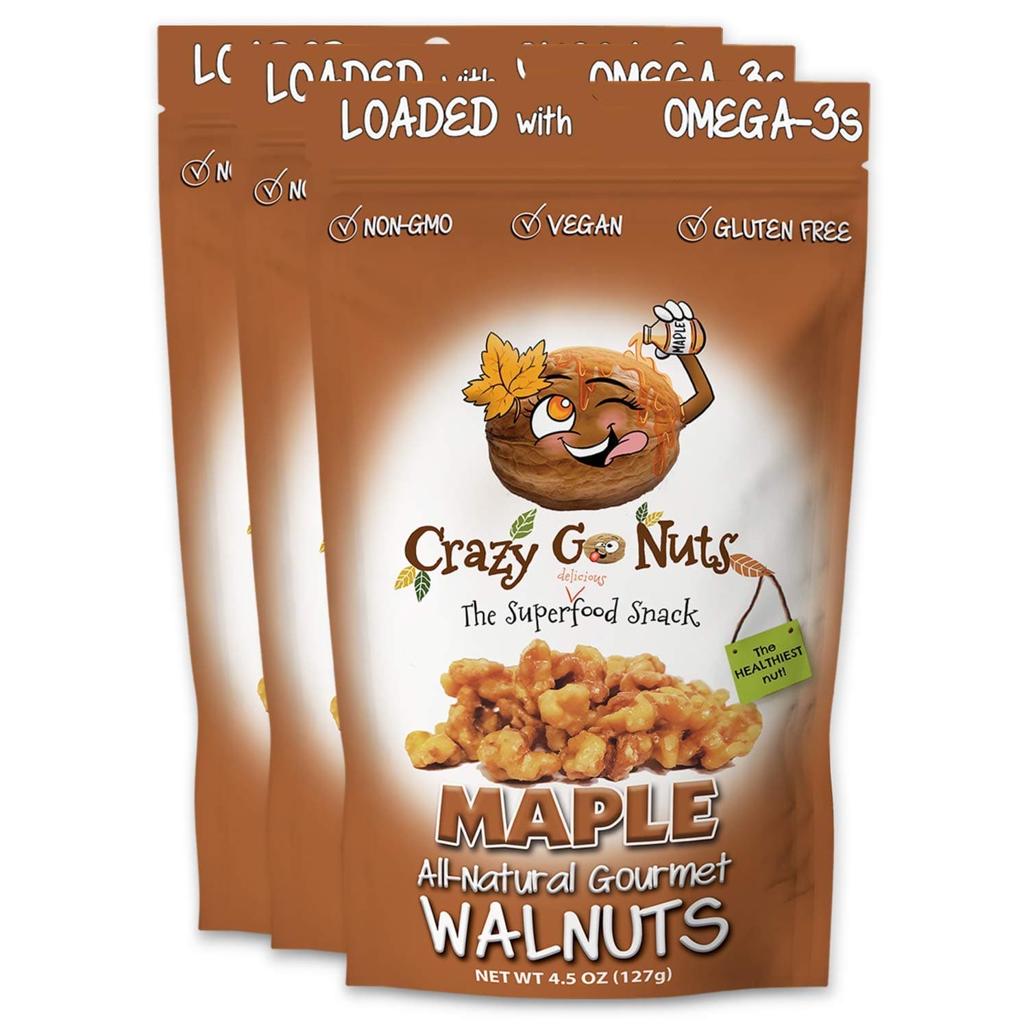 Crazy Go Nuts Walnuts Maple - Glazed Walnuts, Healthy Snacks, Vegan, Low Carb, Gluten Free, Superfood - Natural, Non-GMO, ALA, Omega 3 Fatty Acids, Good Fats, and Antioxidants - 4.5 Oz, 3-Pack