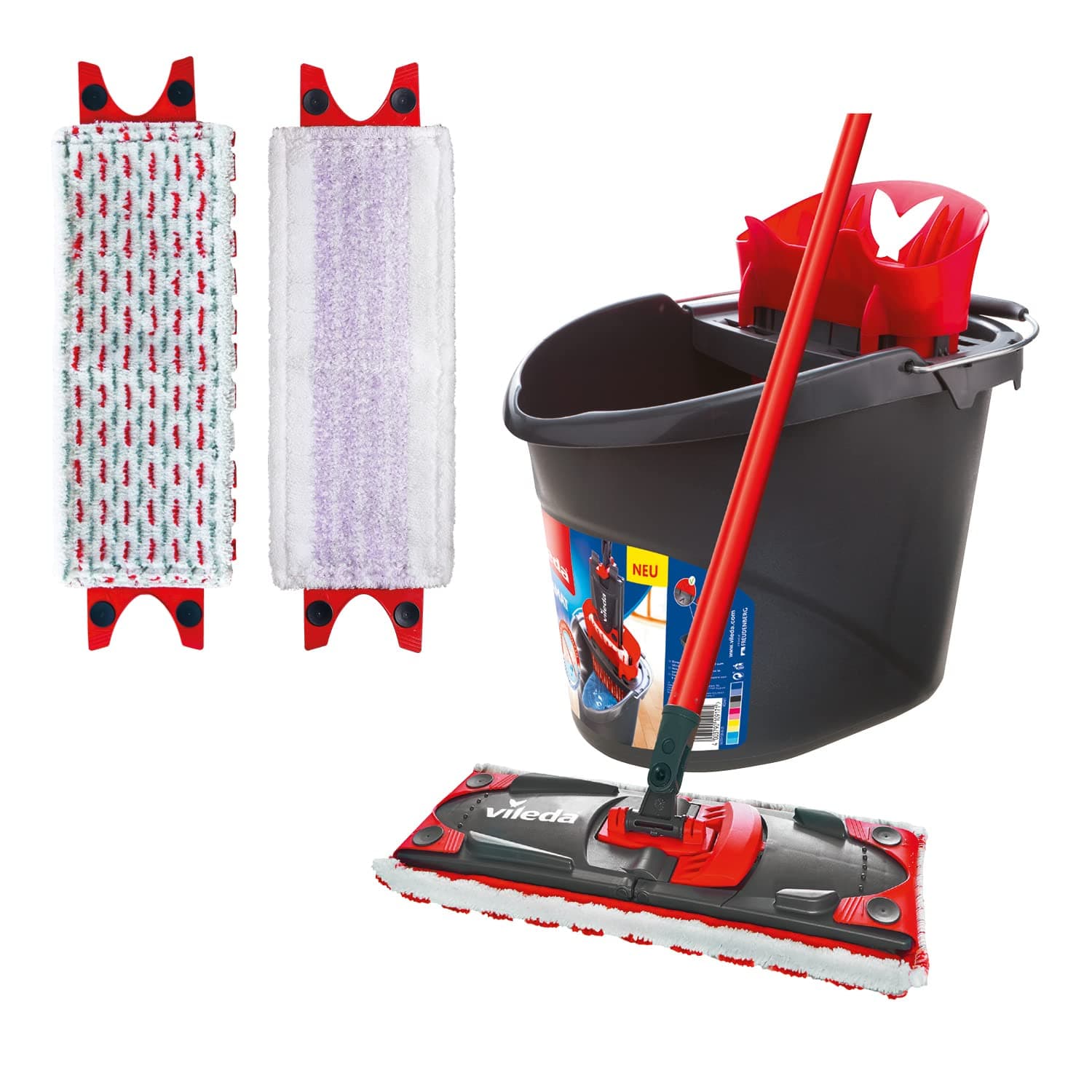 Ultramax Floor Mop Complete Set, Sensitive Cover Including 2 Replacement Covers and Bucket with Power Press, Mop with Handle, for Sensitive Floors, Handle Length 75-130 cm, Eco Packaging