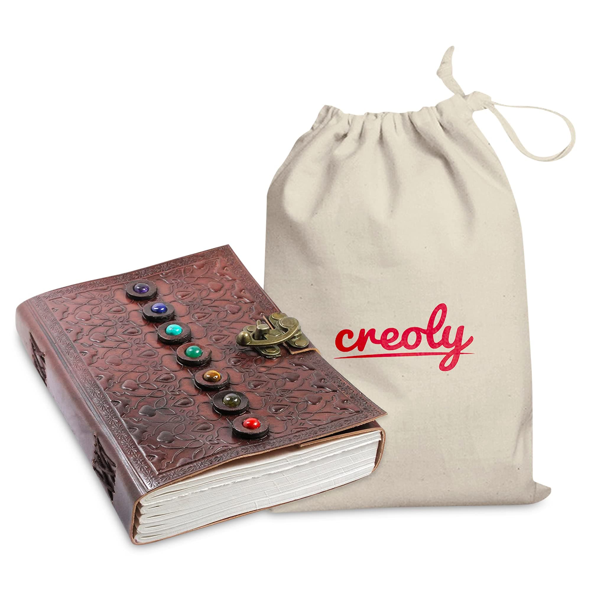 Chakra Healing Journal Notebook with Gem Stones - Leather Grimoire Book of Shadows with Latch - Plain Unlined Pages