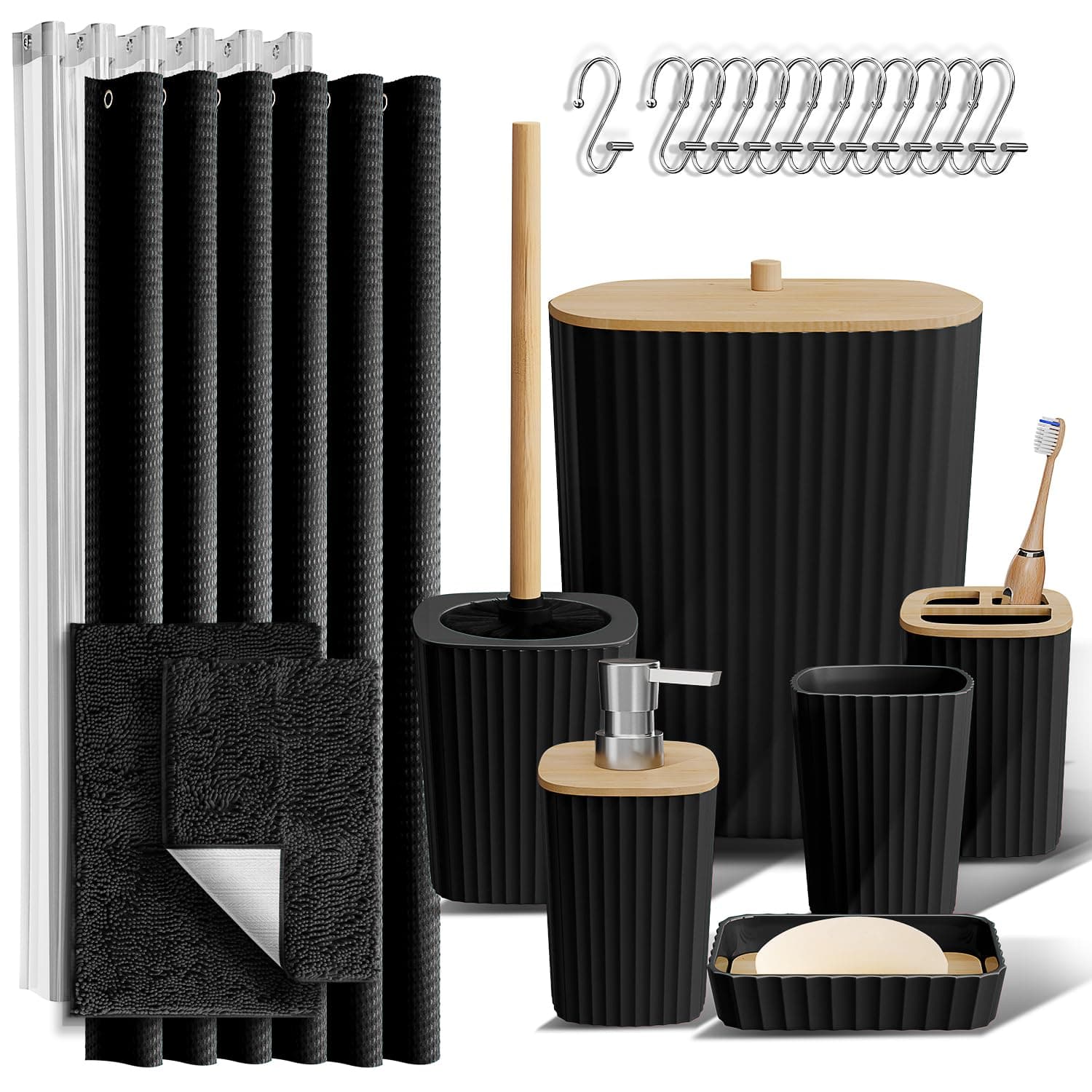 Clara Clark Bathroom Accessories Set - Bathroom Accessory Set with Shower Curtain Set, Toilet Brush, Trash Can & Soap Dispenser & Rugs (Black, Complete Set + Bath Rugs)