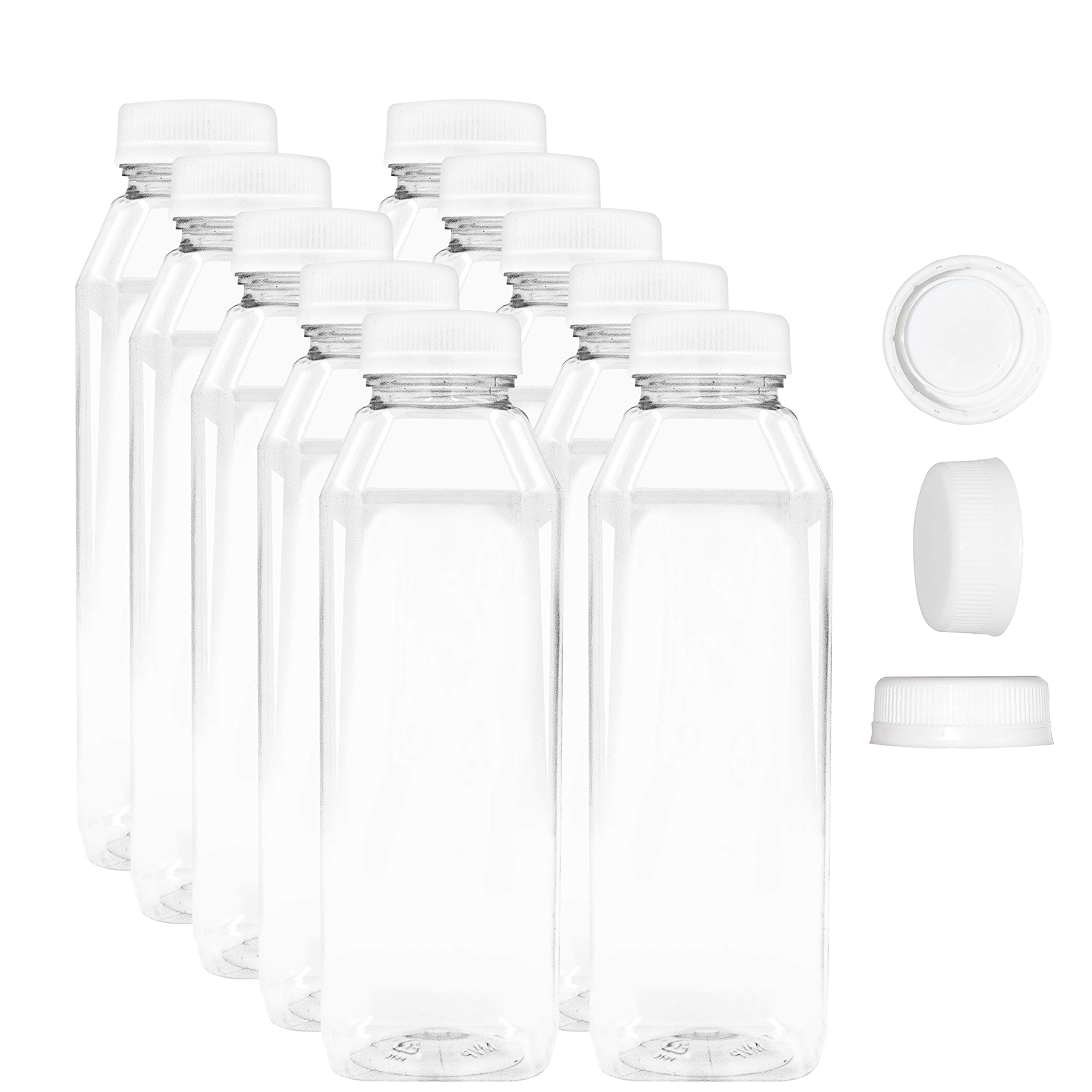 16 OZ Empty PET Plastic Juice Bottles - Pack of 10 Reusable Clear Disposable Milk Bulk Containers with Black Tamper Evident Caps Lids (10-Pack)