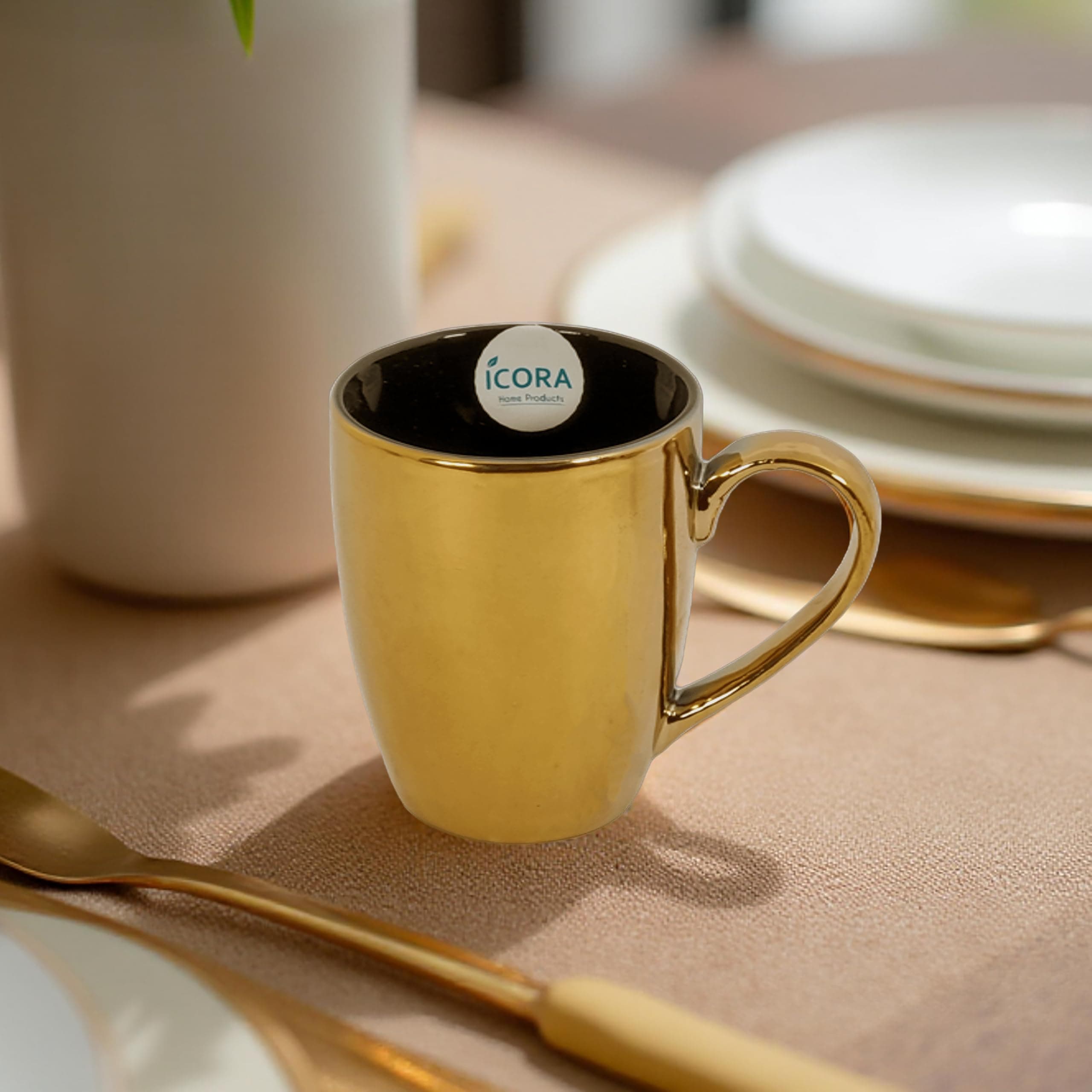 Large Gold Mug with Black Interior Glossy Ceramic Drinkware | Set of 1, 340 ML