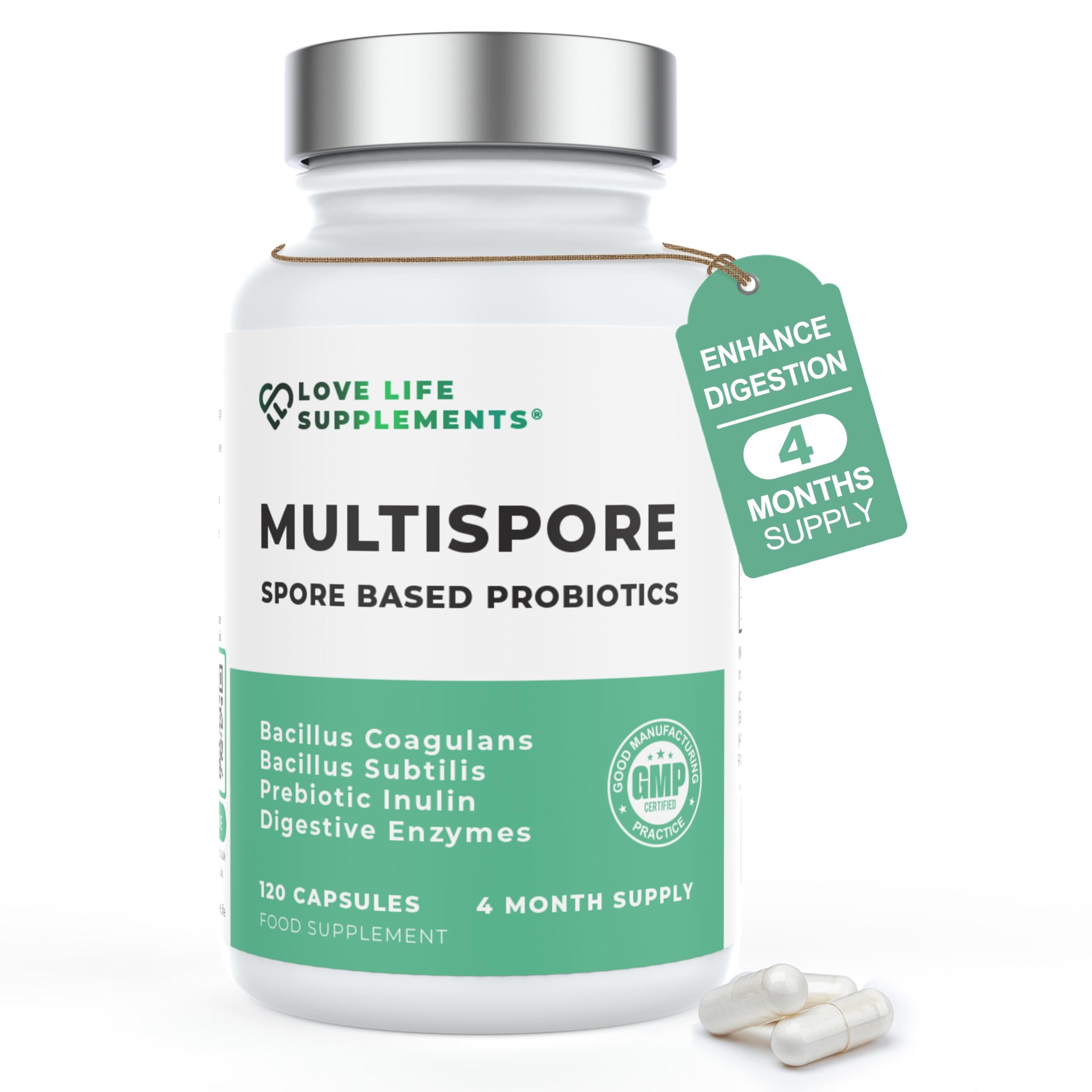 – MultiSpore® Plus Probiotics, 4 Month Supply - 120 Capsules, Bacillus Coagulans & Bacillus Subtilis Spore Based Probiotic, Bloating Relief/Gut Health, with Digestive Enzymes & Prebiotic Inulin, UK Made