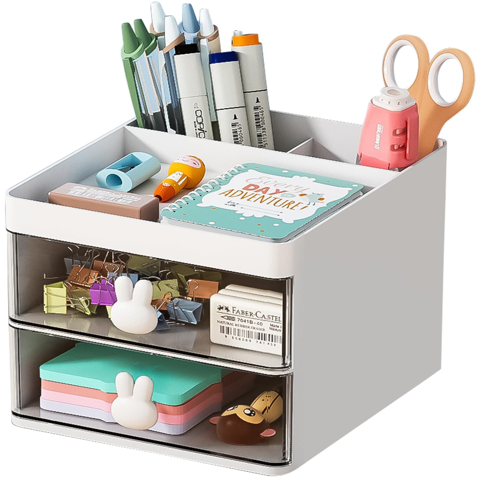 TERRIFI Desk Organizer Set - Premium Storage Solution for Office, Home, and School Supplies - Includes 3 Compartments, 2 Drawers, Pencil Holders, Sticky Note Tray, and Marker Organizer - White