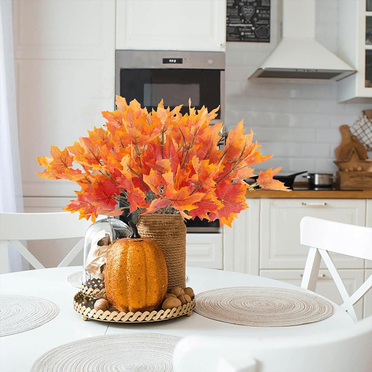 Artificial Maple Leaves 7 Branches Autumn Faux Leaf Decor Fall Leaves Stems for Vases, Faux Plants for Indoor Outdoor Home Kitchen Table Centerpieces Thanksgiving Festival Decor (4 Pcs)