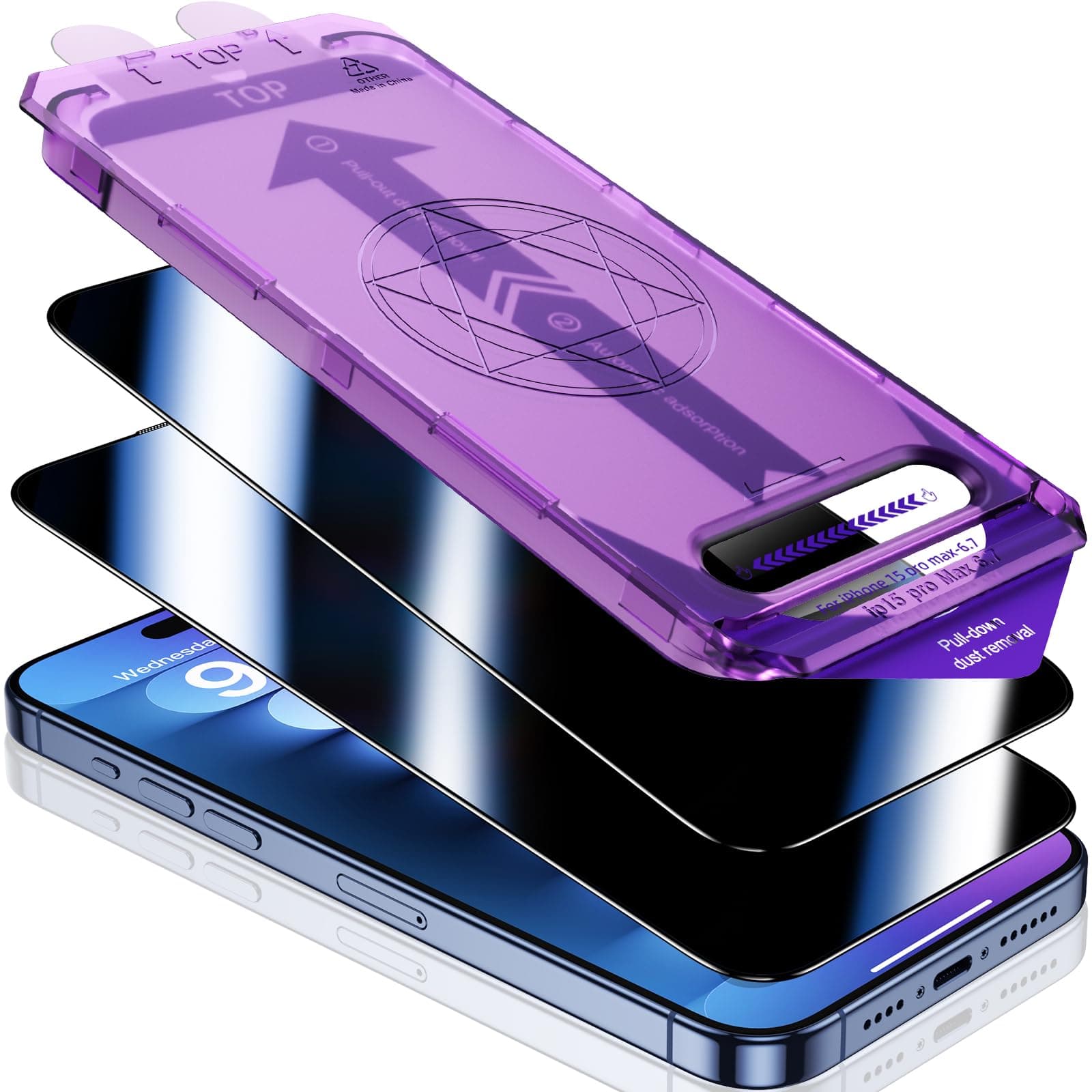 UniqueMe Compatible with iPhone 15 Pro Max Privacy Screen Protector, [Automatic Dust Removal] 9H Full Coverage Screen Tempered Glass Anti-Spy Bubble Free Case Friendly,2 Pack