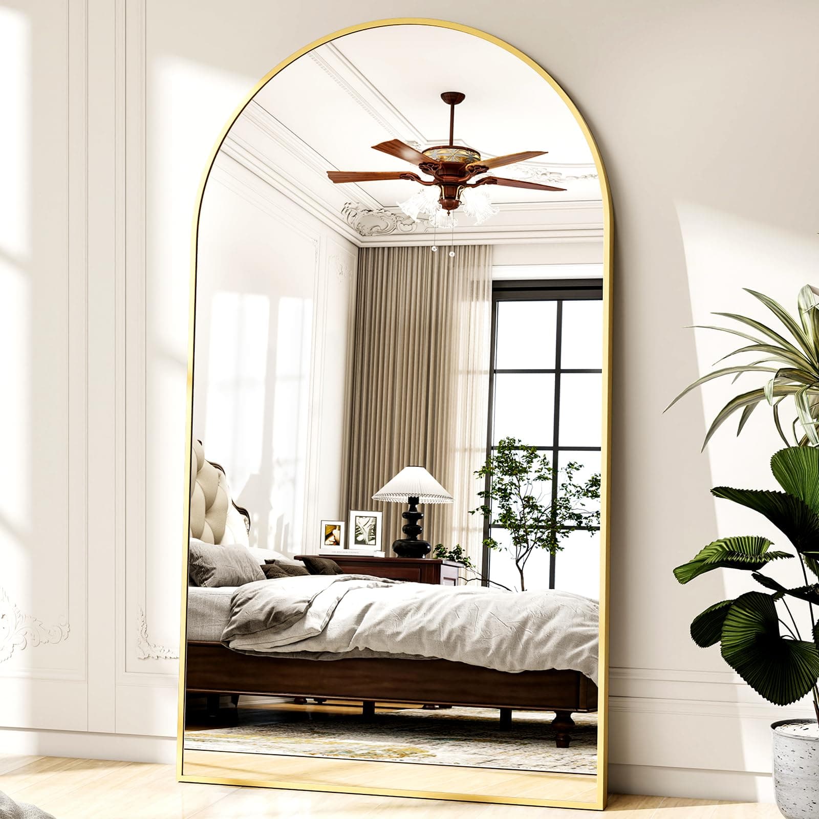 46"x76" Arched Full-Length Mirror, Oversized Floor Mirror with Stand, Freestanding or Wall-Mounted Full Body Mirror for Living Room, Bedroom, or Cloakroom, Gold