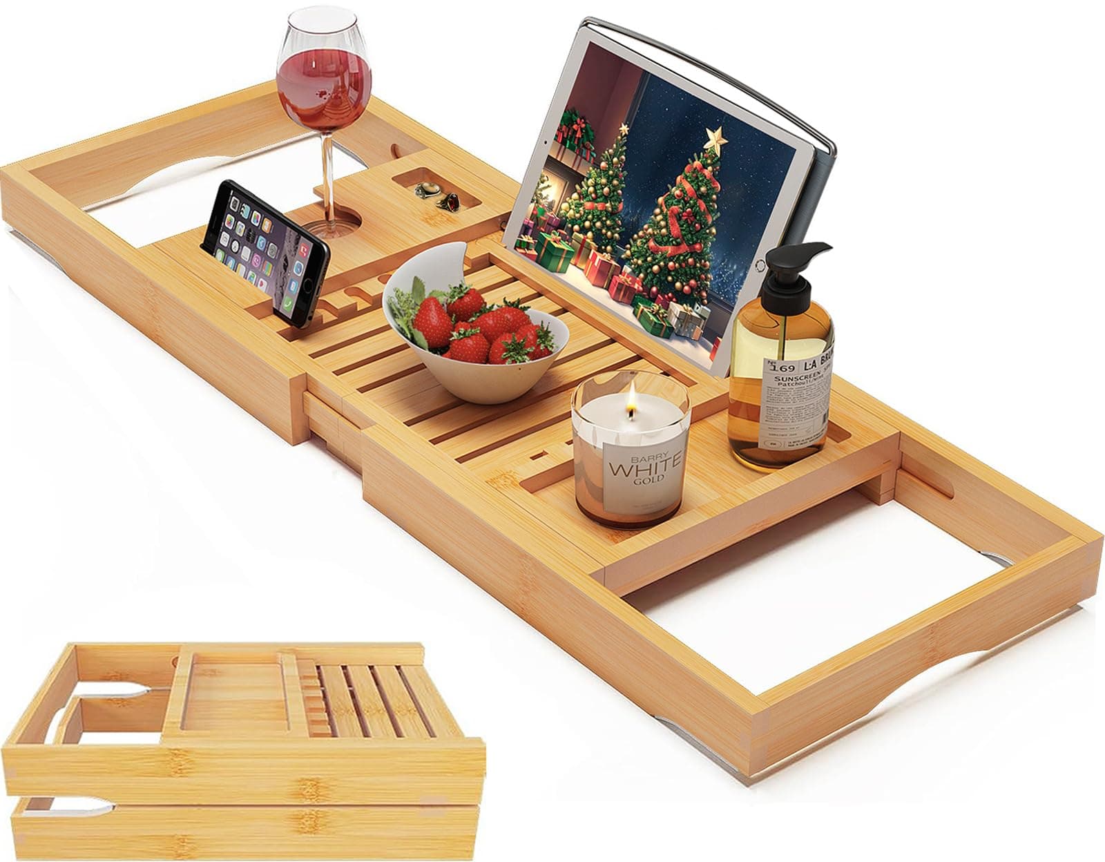 Foldable Bamboo Bathtub Caddy Tray Expandable for Luxury Bath, Bath Accessories & Table with Wine Glass Holder, Book Stand Bathroom Organizer with Extending Sides for Men/Women
