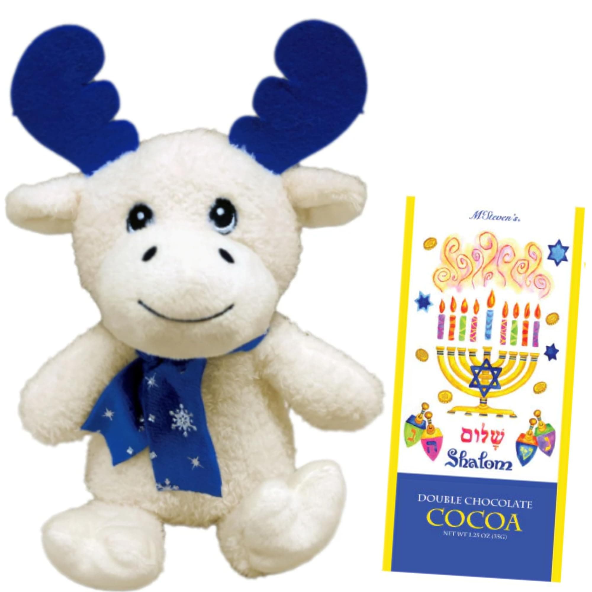 Hanukkah Chocolate Cocoa Bundle Gift Set Including 1.25 oz Chocolate Cocoa Packet and White Chocolate Scented Moose Plush with Blue Scarf