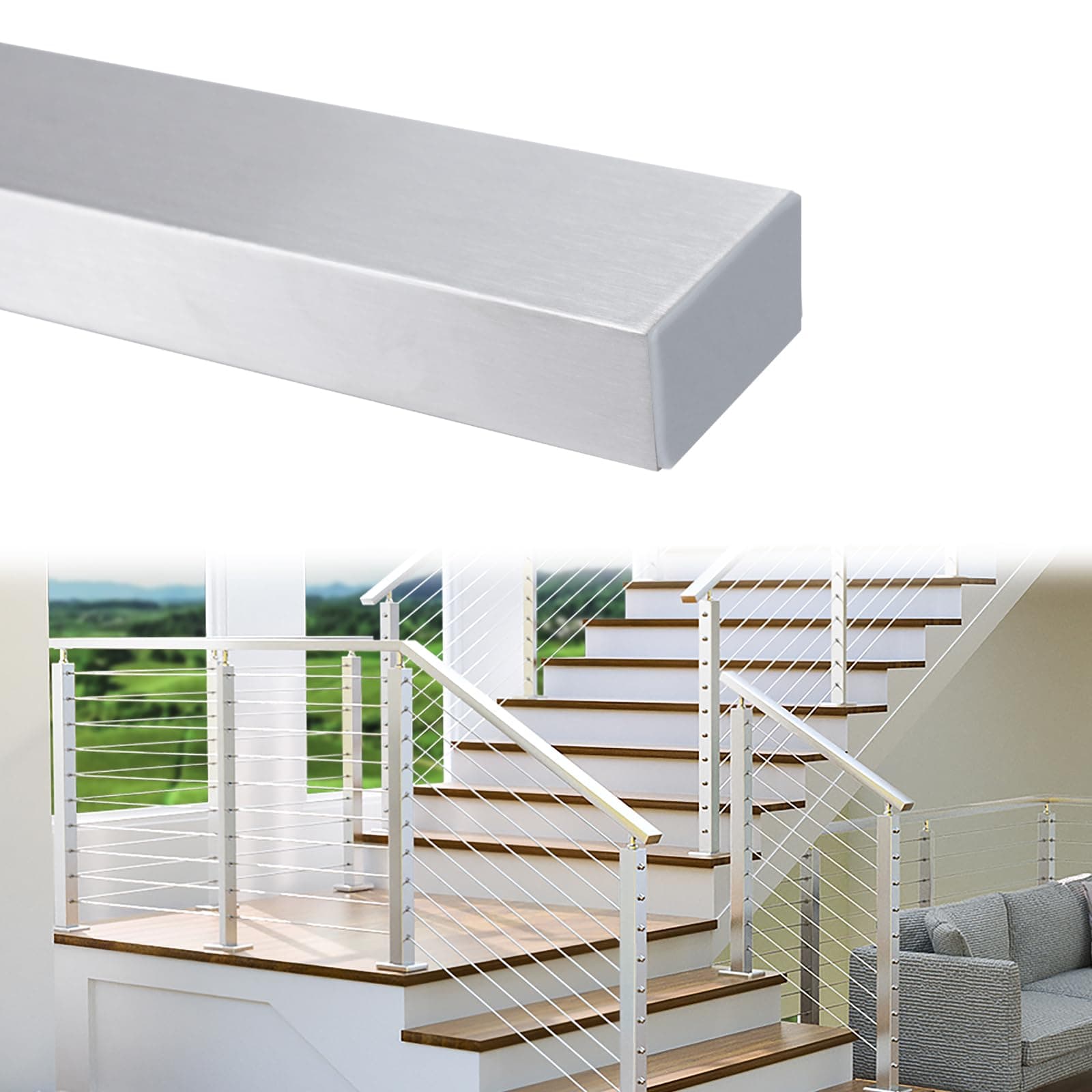 6'6" Stainless Steel Handrail Brushed Rectangular Handrail Top Rail Cable Railing System Deck Stair Indoor Outdoor, HT10 SL4