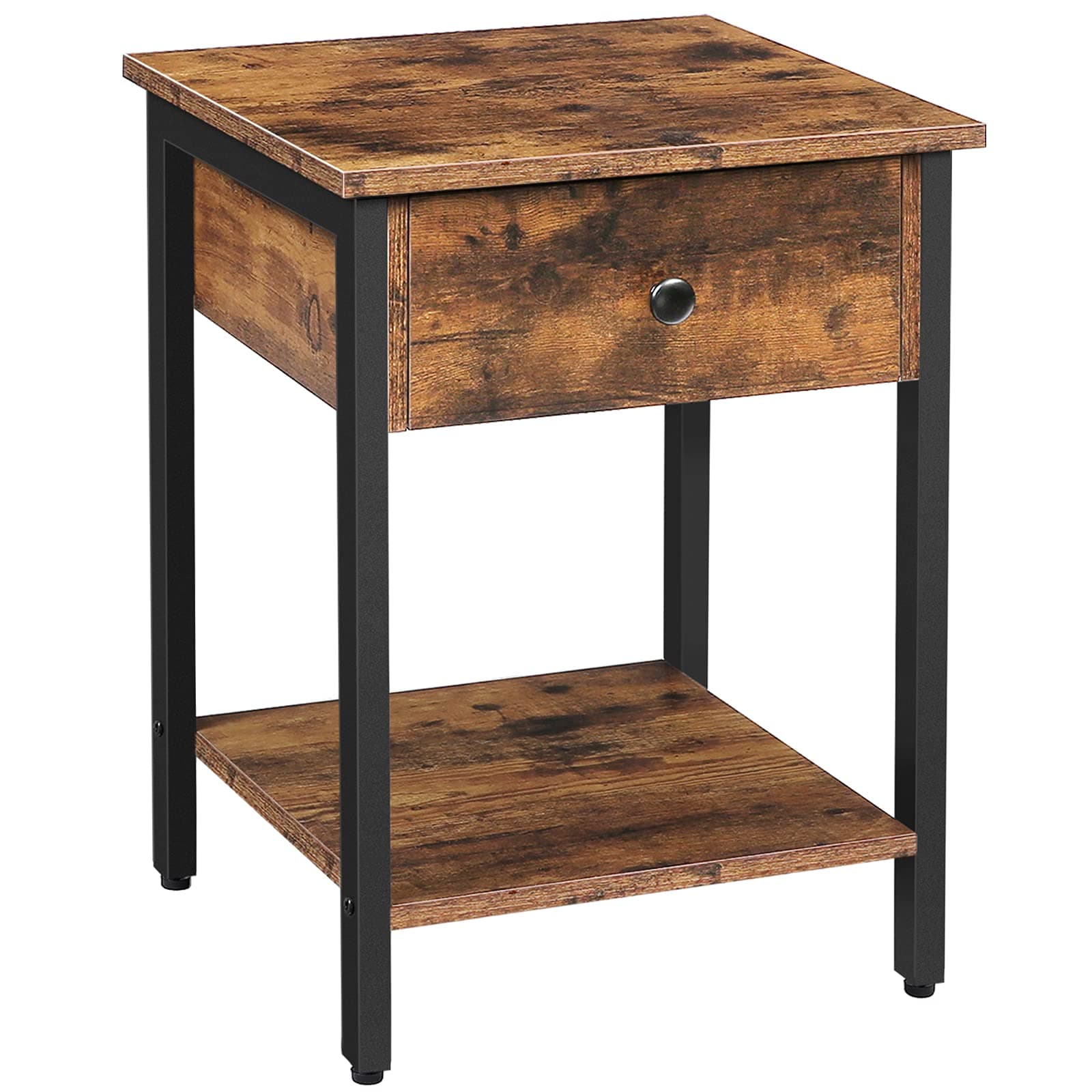 HOOBRO Nightstand, 2-Tier End Table, Industrial Side Table with Drawer and Storage Shelf, Wooden Accent Table with Metal Frame, for Living Room, Bedroom, Easy Assembly, Rustic Brown and Black BF40BZ01