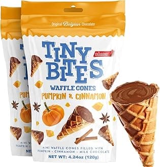 BEEMAX Tiny Bites Pumpkin & Cinnamon Mini Waffle Cones, Blend of Crispy Golden & Belgian Milk Chocolate Bliss, Bite-Size Snack for Dessert or Ice Cream Toppings, 4.24 oz Bag, 2-Pack