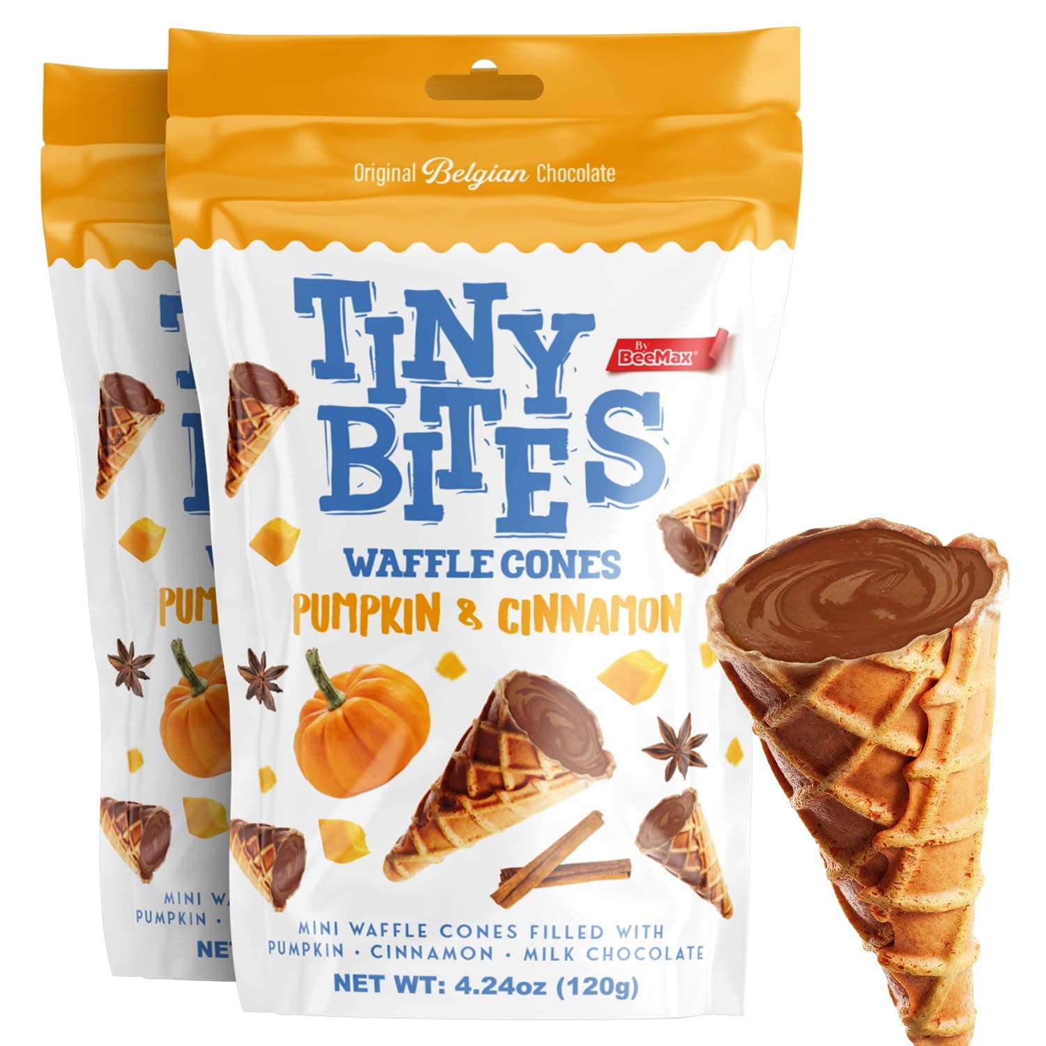 Tiny Bites Pumpkin & Cinnamon Mini Waffle Cones, Blend of Crispy Golden & Belgian Milk Chocolate Bliss, Bite-Size Snack for Dessert or Ice Cream Toppings, 4.24 oz Bag, 2-Pack