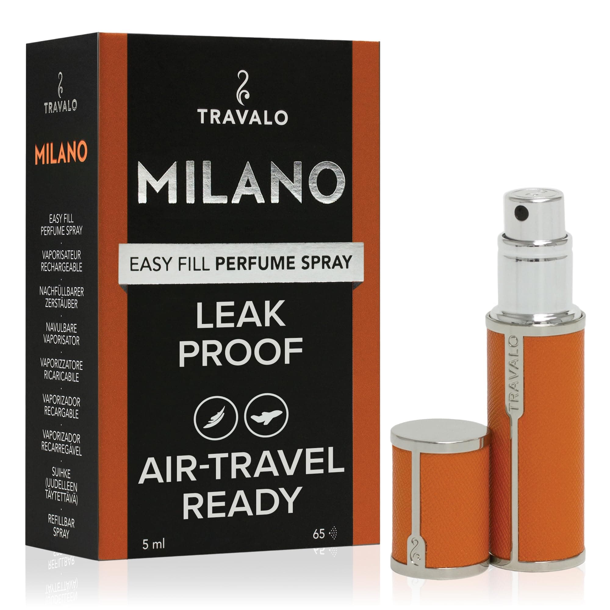 Travalo Milano Perfume Atomizer - Leak-Proof and TSA Approved for Air Travel - Reusable, Airtight, Easy Fill Mini Pump Sprayer - Lightweight, Vegan Leather with Polished Metal Outer Shell - Orange