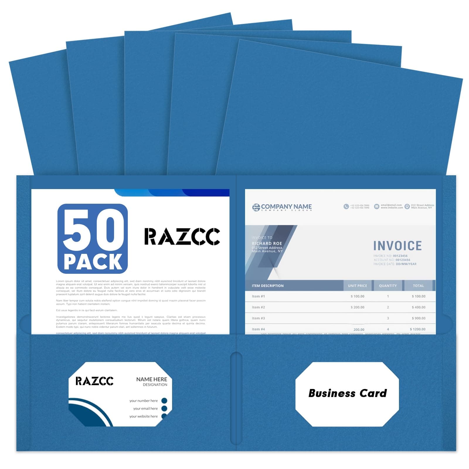 Two Pocket Folders, RAZCC 50 Pack 2 Pocket Folders Fit Letter Size Paper, Paper Folders with Pockets for School Office Business Home (Navy Blue)