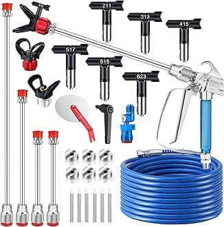 22Pcs Airless Paint Sprayer Gun Kit, 3600PSI Spray Gun with 50Ft x 1/4“ NPT Airless Paint Sprayer Hose & 6Pcs Reversible Spray Tips & Guide Tool & 4Pcs Extension Wand & 6Pcs Filters