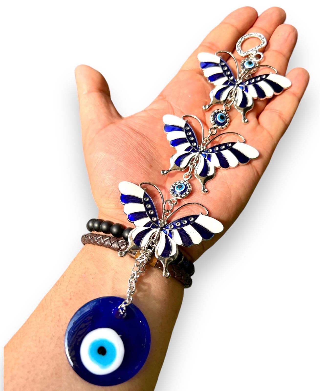 BLUE BEADS 3 Layer White Blue Enamelled Butterfly with Evil Eye Pendant Decor...