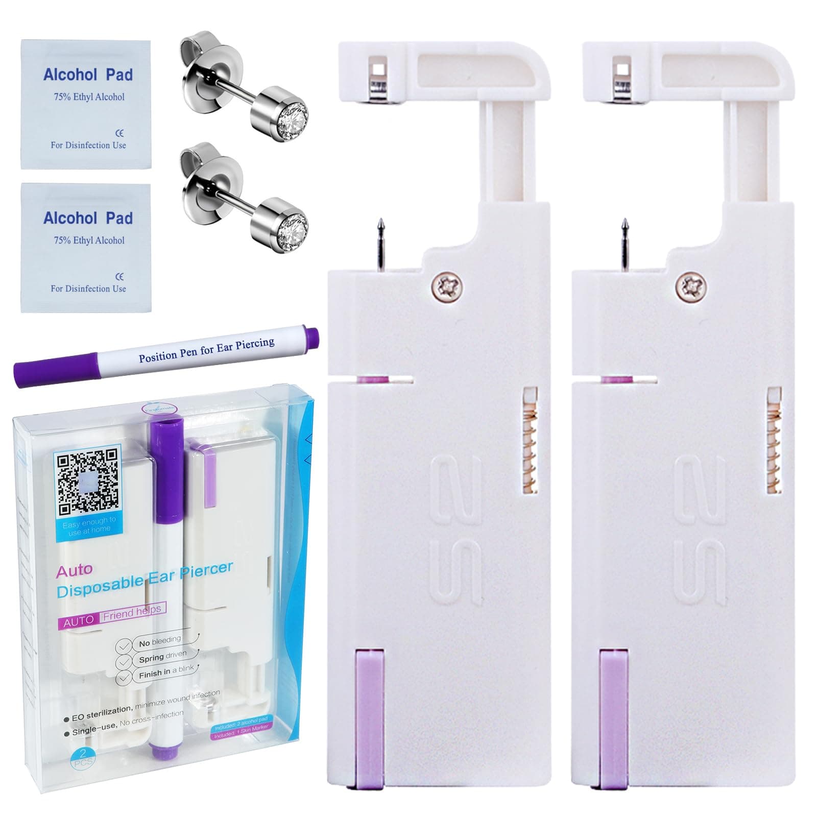 2PCS Disposable Ear Piercing Kit Ear Piercing Gun Self Use Ear Piercings Kit Cartilage Piercing Gun with Hypoallergenic Earrings(3mm,Silver)