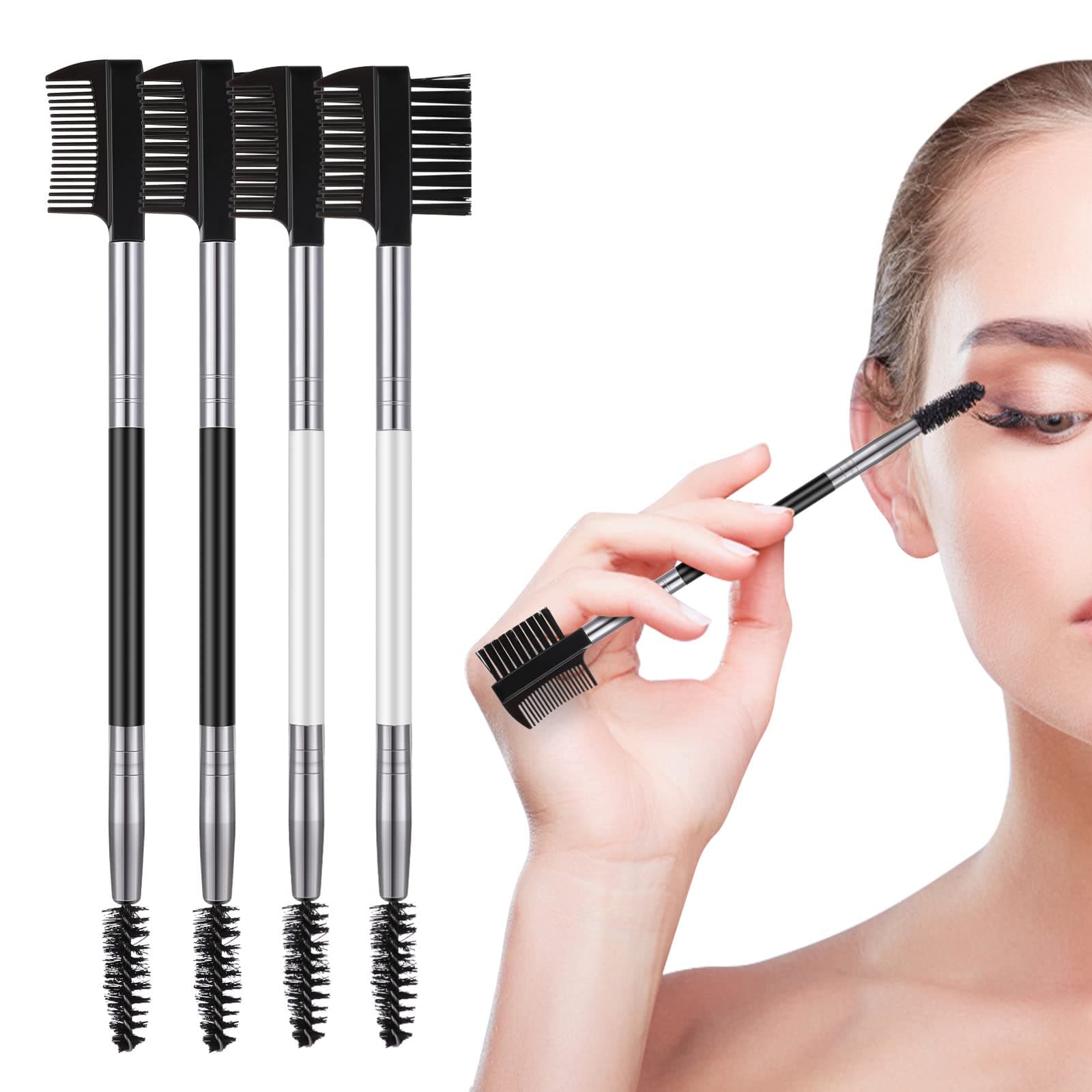 Cobee Eyebrow Eyelash Shaper, Eyebrow Brush Comb Eyelash Separator Tool with 3 Different Spoolie Brushes for Women Girls Separating Lashes Eliminating Mascara Clumps Grooming Brows(Black+White-4pcs)