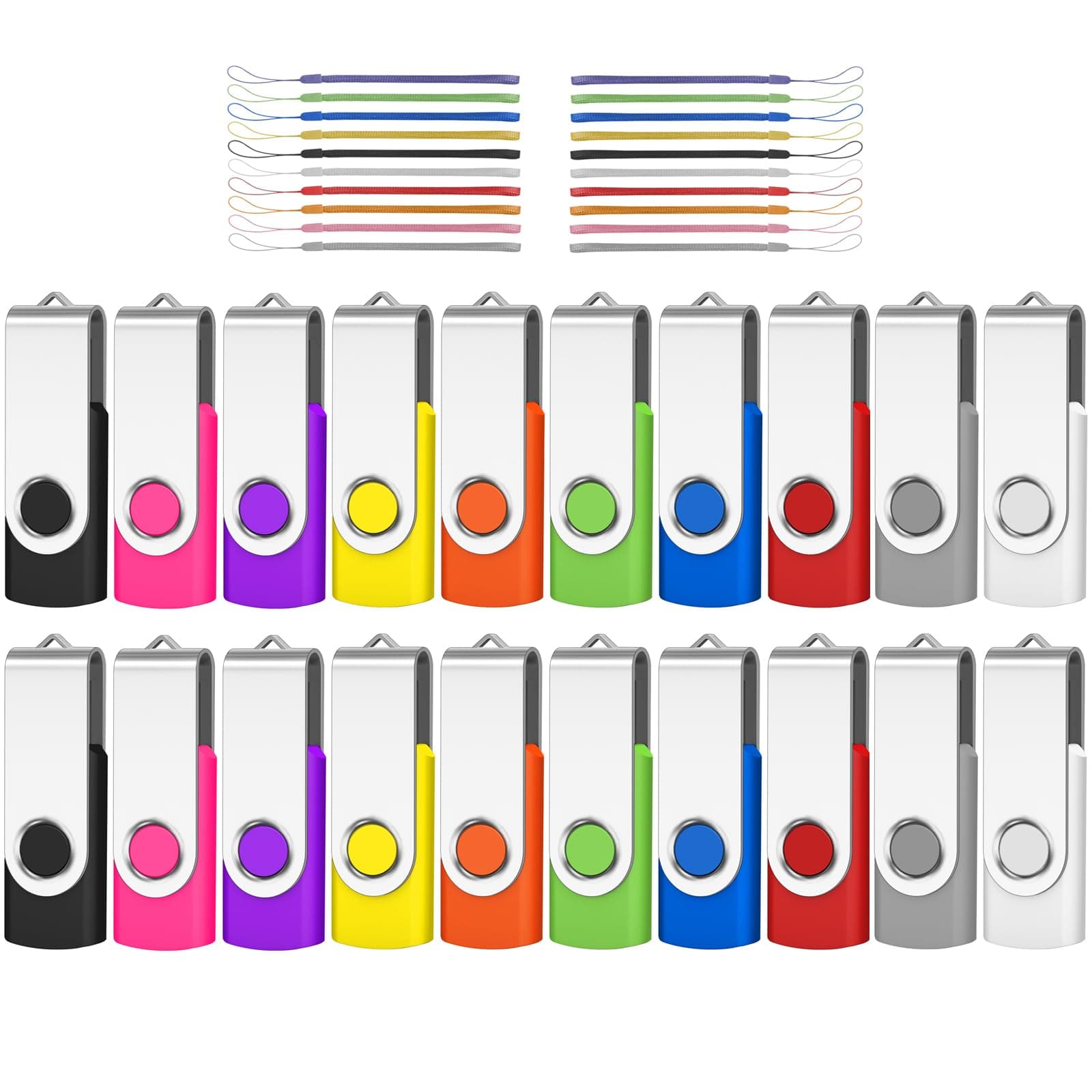 Bulk Flash Drive 32GB 20 Pack, USB 2.0 Swivel Thum Drive Pendrive Memory USB Stick Flash Drives Bulk Storage (20PCS 32GB, 20 Pack Lanyards)