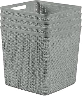 Curver Set of 4 Large Cube 17L Jute Decorative Plastic Organization and Storage Baskets - Perfect Bins for Home Office, Closet Shelves, Kitchen Pantry and All Bedroom Essentials, Grey
