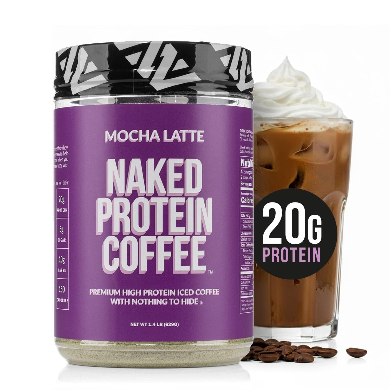 NAKED Mocha Latte Protein Coffee - Premium Colombian Iced Coffee Protein Shake Drink, Delicious Keto Friendly and Gluten Free, 17 Servings