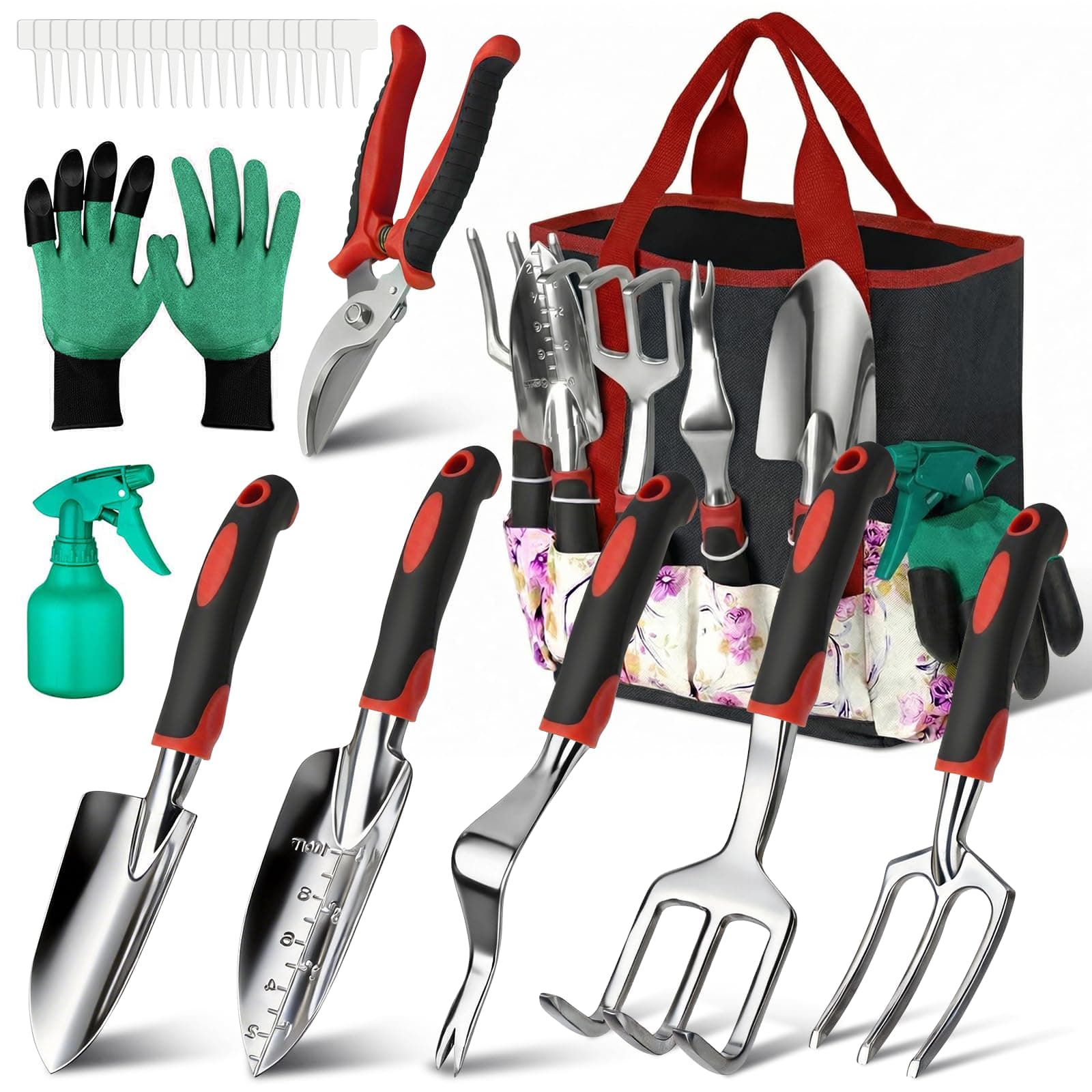 Garden Tools Set, 30 Piece Stainless Steel Gardening Kit with Vintage Floral Tote Bag, Non-Slip Ergonomic Rubber Handle, Ideal Gift for Women & Beginners, for Succulent, Home Garden, Mothers Day Gifts
