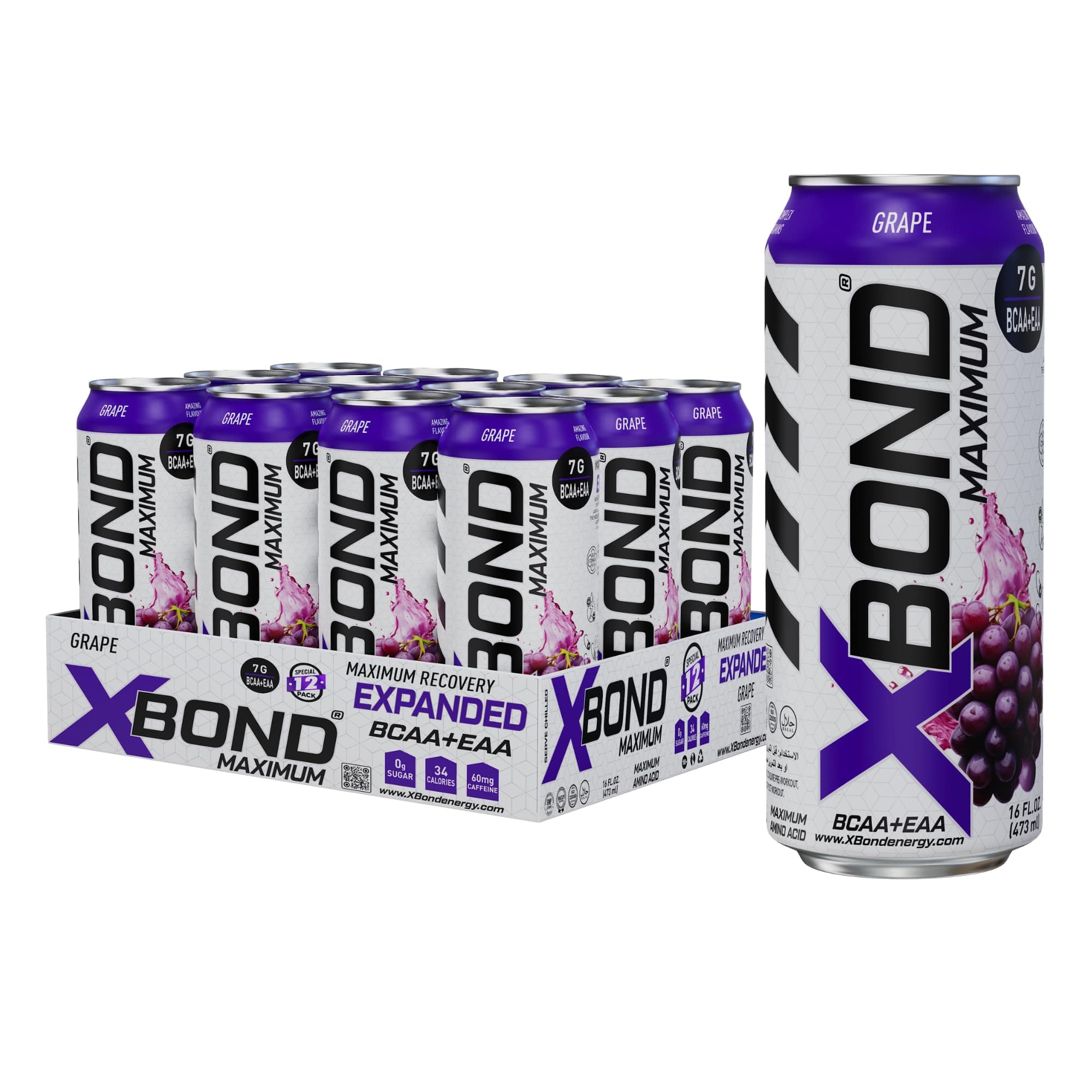 X-BOND Maximum Recovery Expanded Maximum Amino Drink - BCAA + EAA Electrolytes Drink - 16 fl oz (473 ml) - 8g BCAA/EAA, Sugar Free 34 Calories, 60mg Caffeine (Full Box 12 Cans, Grape)