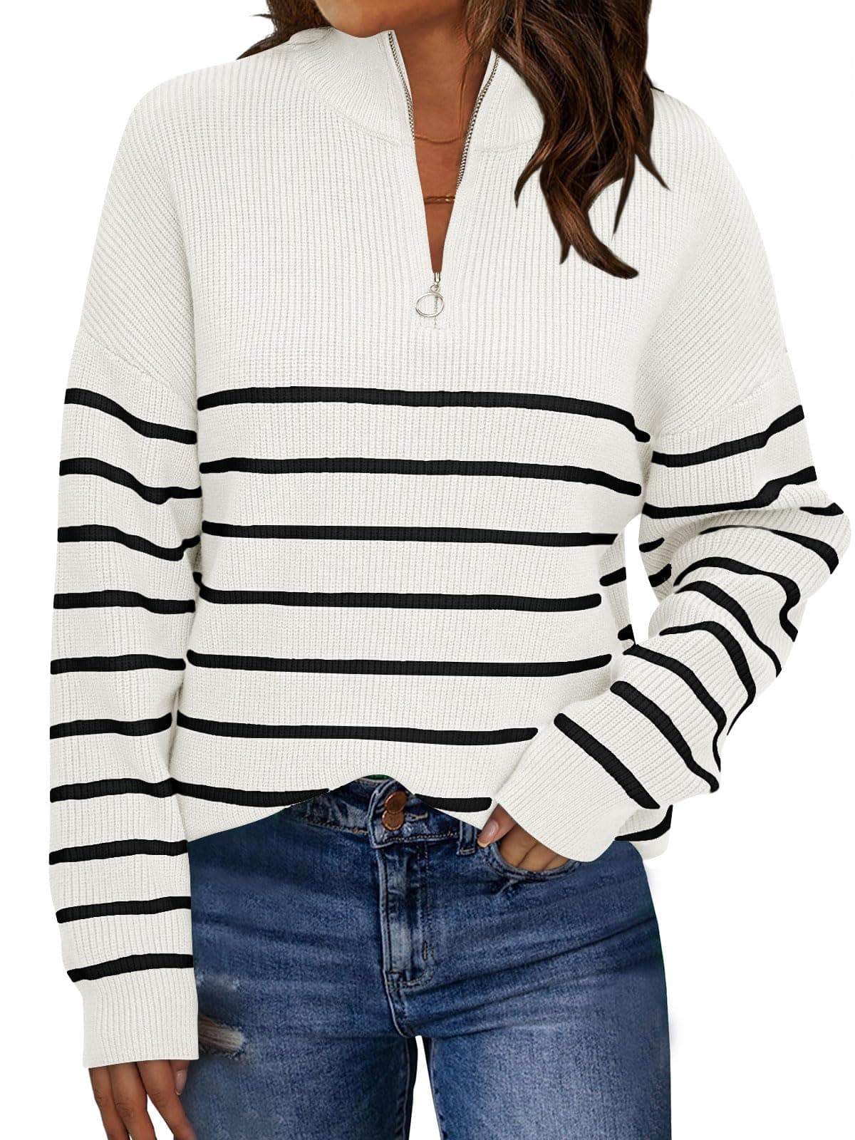 LILLUSORYWomen's Fall Striped Oversized 2023 Pullovers Sweaters Half Zipper Casual Knit Tops