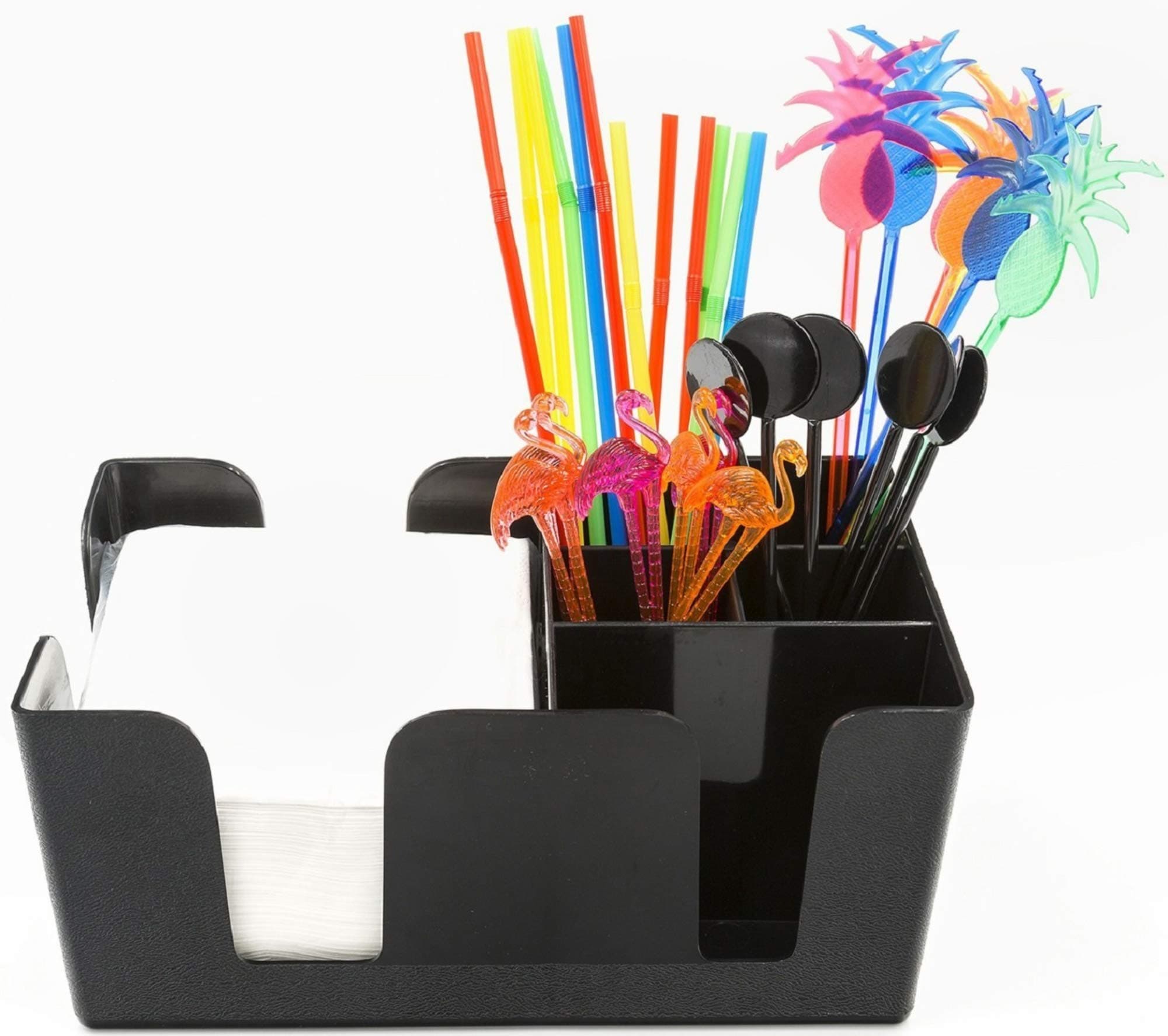 Trendy Bartender Bar Caddy Organizer (6 Compartments) Fully Loaded with Bar Supplies Napkins, Cocktail Straws, and Swizzle Sticks Heavy-Duty Refillable Organizer in Stylish Black