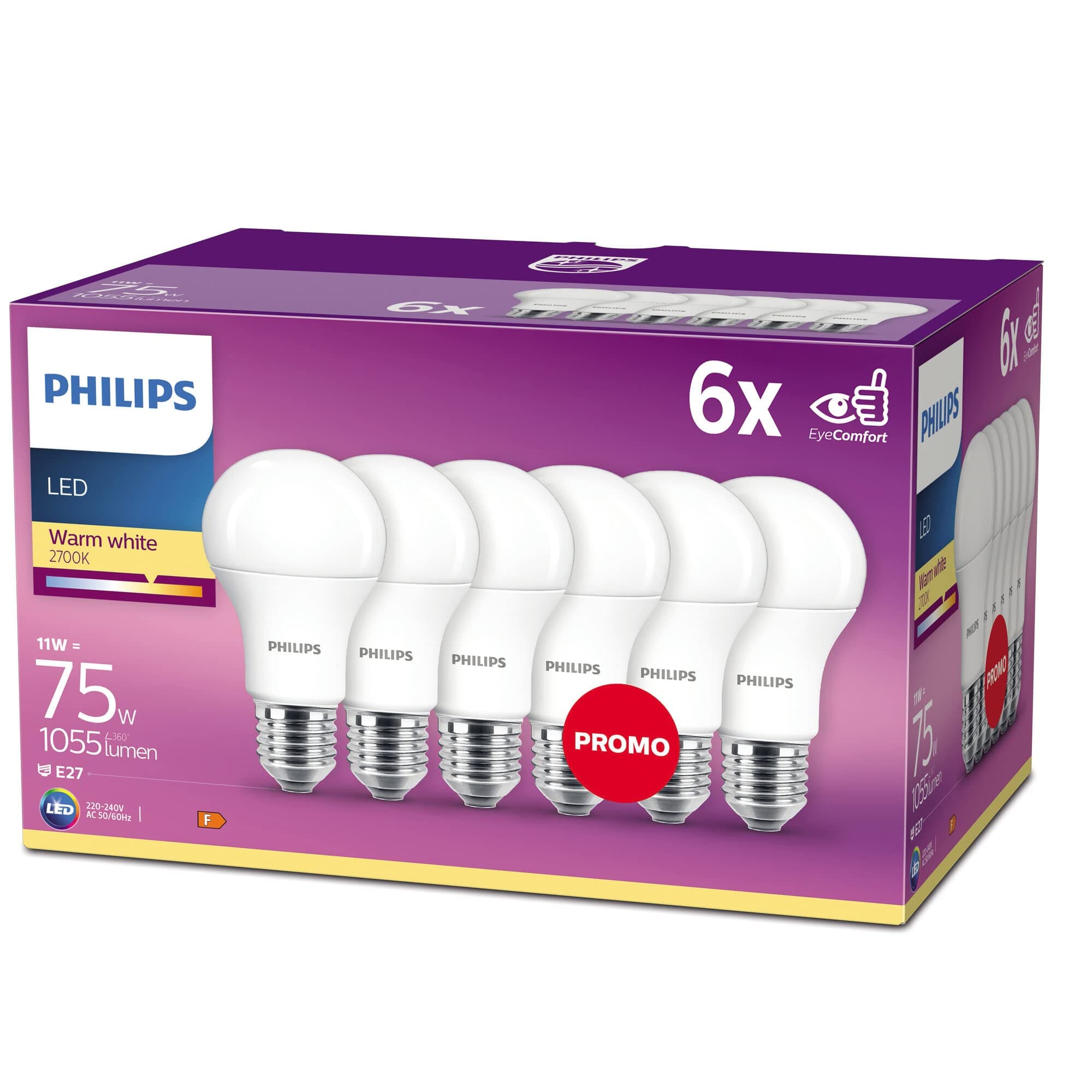 LED E27 Frosted Light Bulbs, 11 W - Warm White, Pack of 6