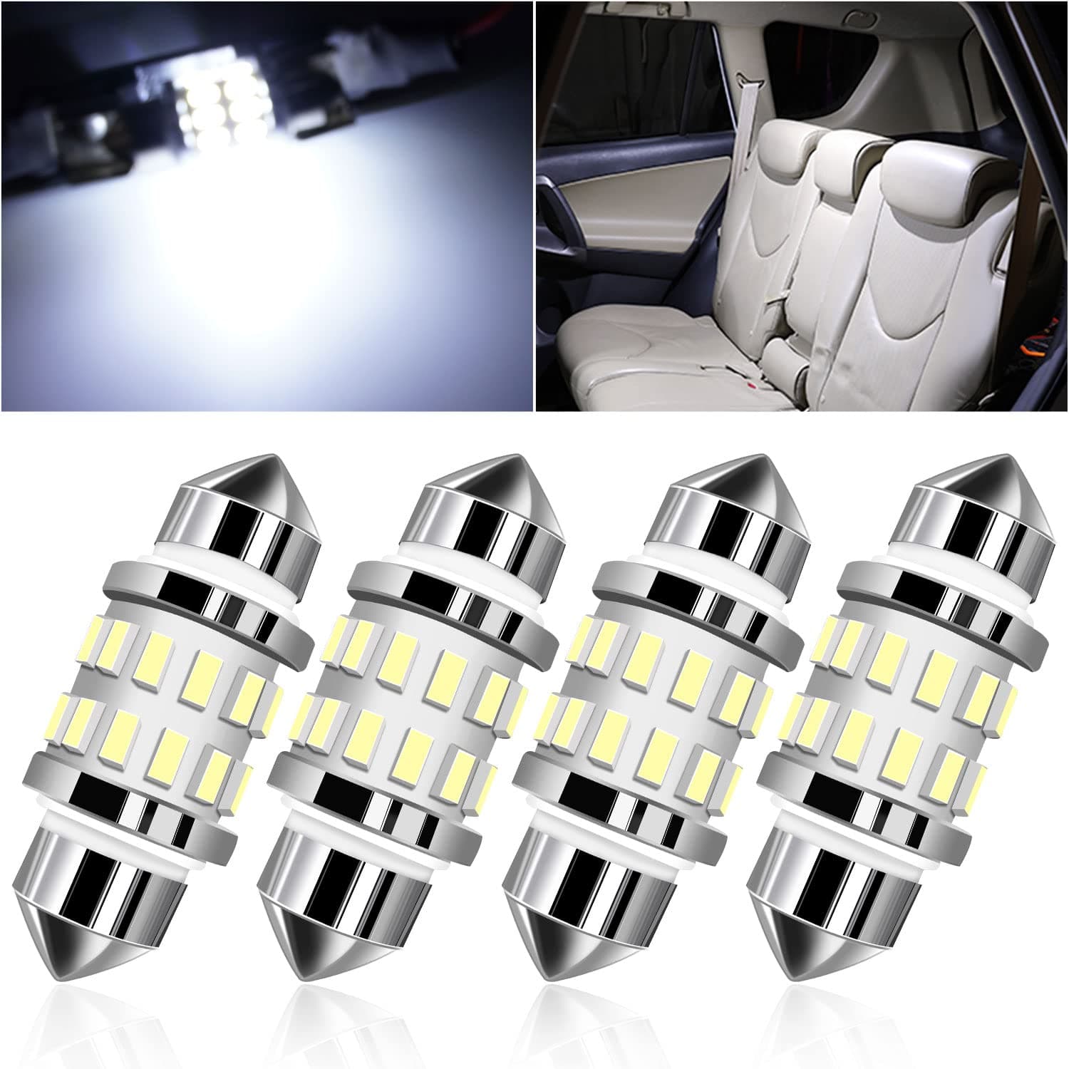 YM E-Bright EverBrightt 4-Pack Cool White 31MM 3014 24SMD LED Festoon Light Lamp For Map Light Dome Light Trunk Light Plate Light