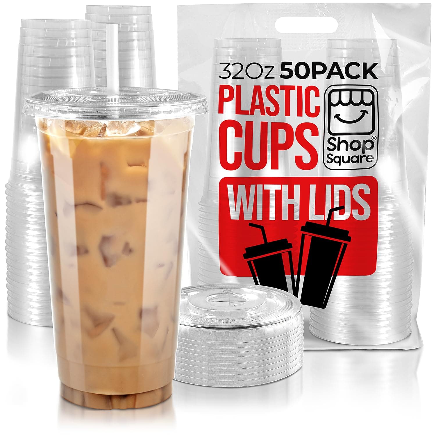 Shop Square 32 oz Plastic Cups with Lids (50 Pack) - Disposable Clear Cups for Iced Coffee, Boba, Milk Tea, Smoothies, and Fruit Shakes for Parties, Cafes, Restaurants