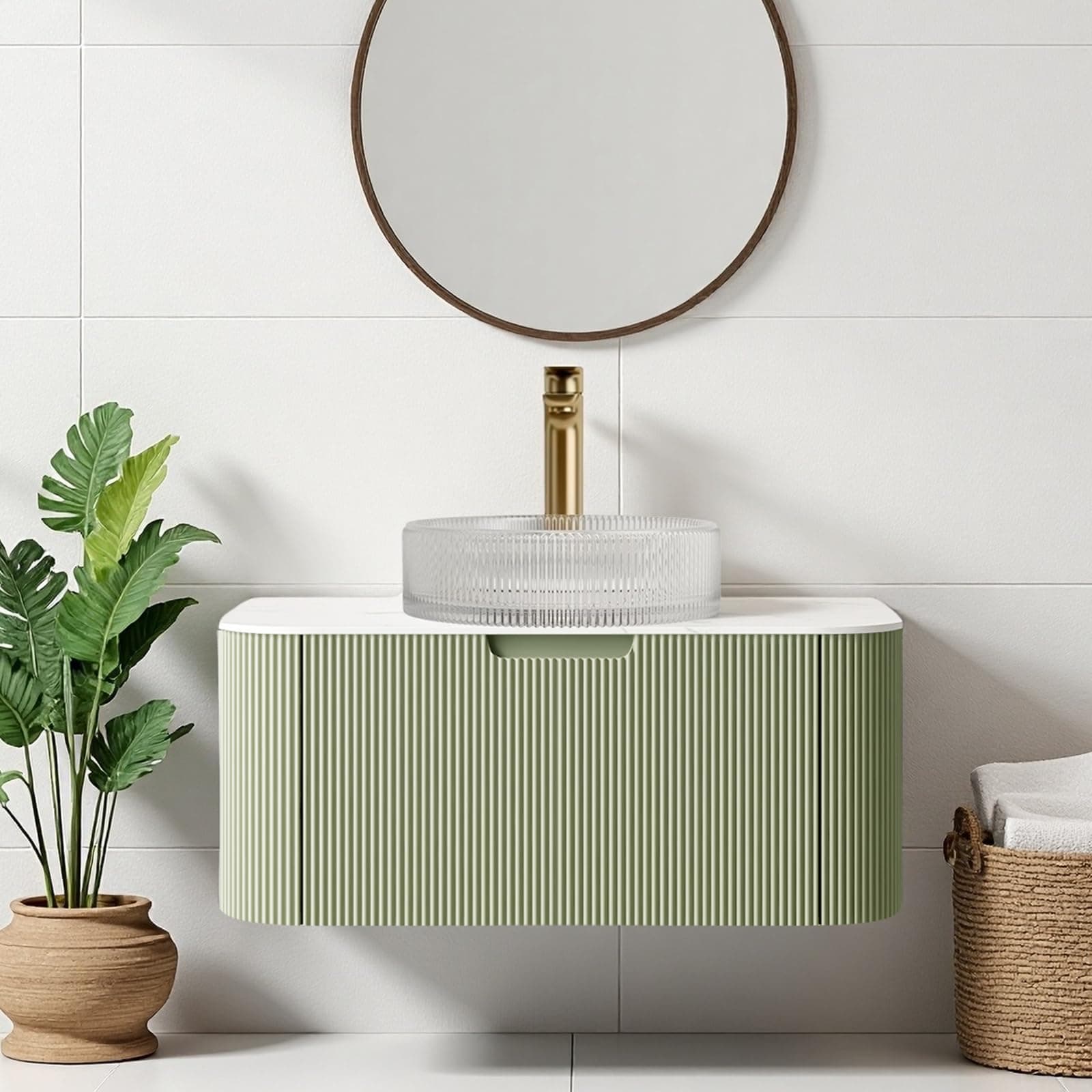 30" Solid Wood Bathroom Vanity with Sink, Floating Bathroom Cabinet with Ultra-Thin Crystal Glass Sink and Marble Countertop, Large Storage Drawer, No Assembly Required, Light Green