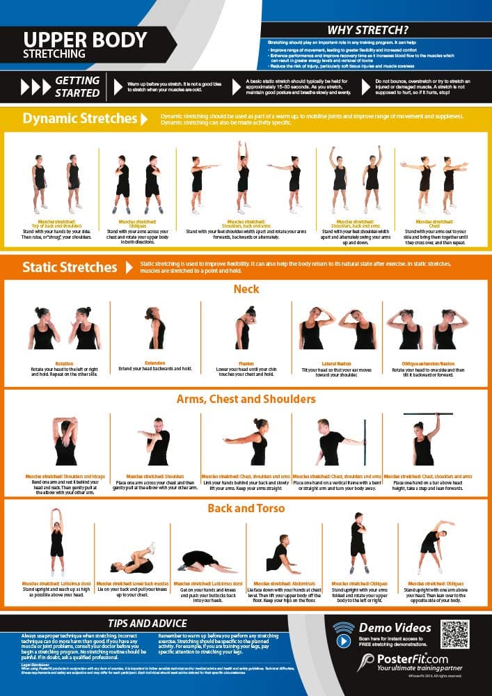 Upper Body Stretching | Dynamic & Static Stretches | Laminated Home & Gym Poster | FREE Online Video Training Support | Size - 841mm x 594mm (A1) | Improves Personal Fitness & Flexibility