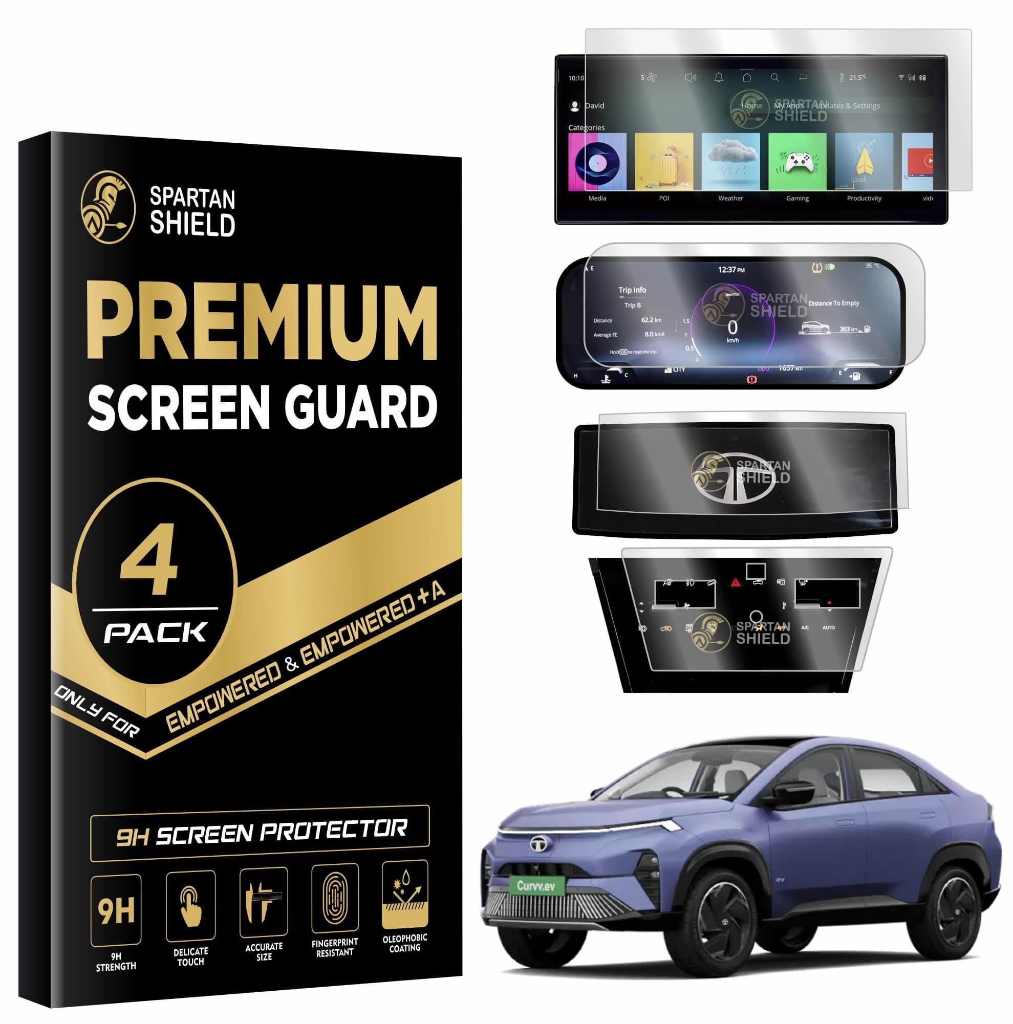 {4 PACK Screen Guard For TATA CURVV EV 2024 || 12.3 INCH INFOTAINMENT + INSTRUMENT CLUSTER + STEERING + AC Protector || Curvv.EV Car Digital Display Accessories [Not Tempered Glass]