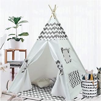 Kids Teepee Tent for Boys Childrens Teepee Play Tent with Carry Case & Floor Mat, Portable Toddler Tipi Tent for Baby Indoor Outdoor Playhouse Grey Chevron Teepee