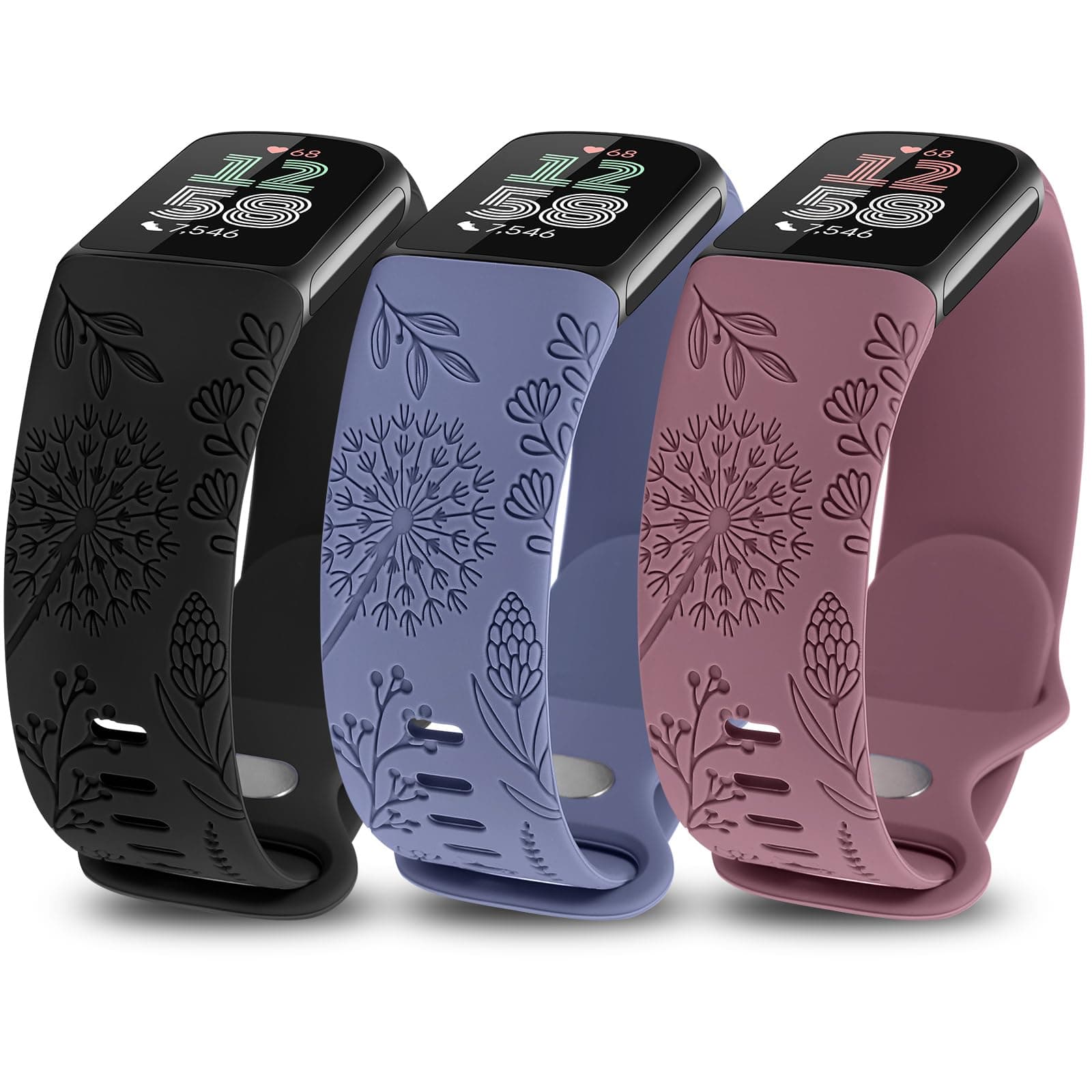 Minyee フローラル刻印バンド Fitbit Charge 6 バンド/Fitbit Charge 5 バンド レディース かわいい ソフト シリコン タンポポ 花柄 スポーツ デザイナー ファンシー 夏 ストラップ 充電 6/5 用