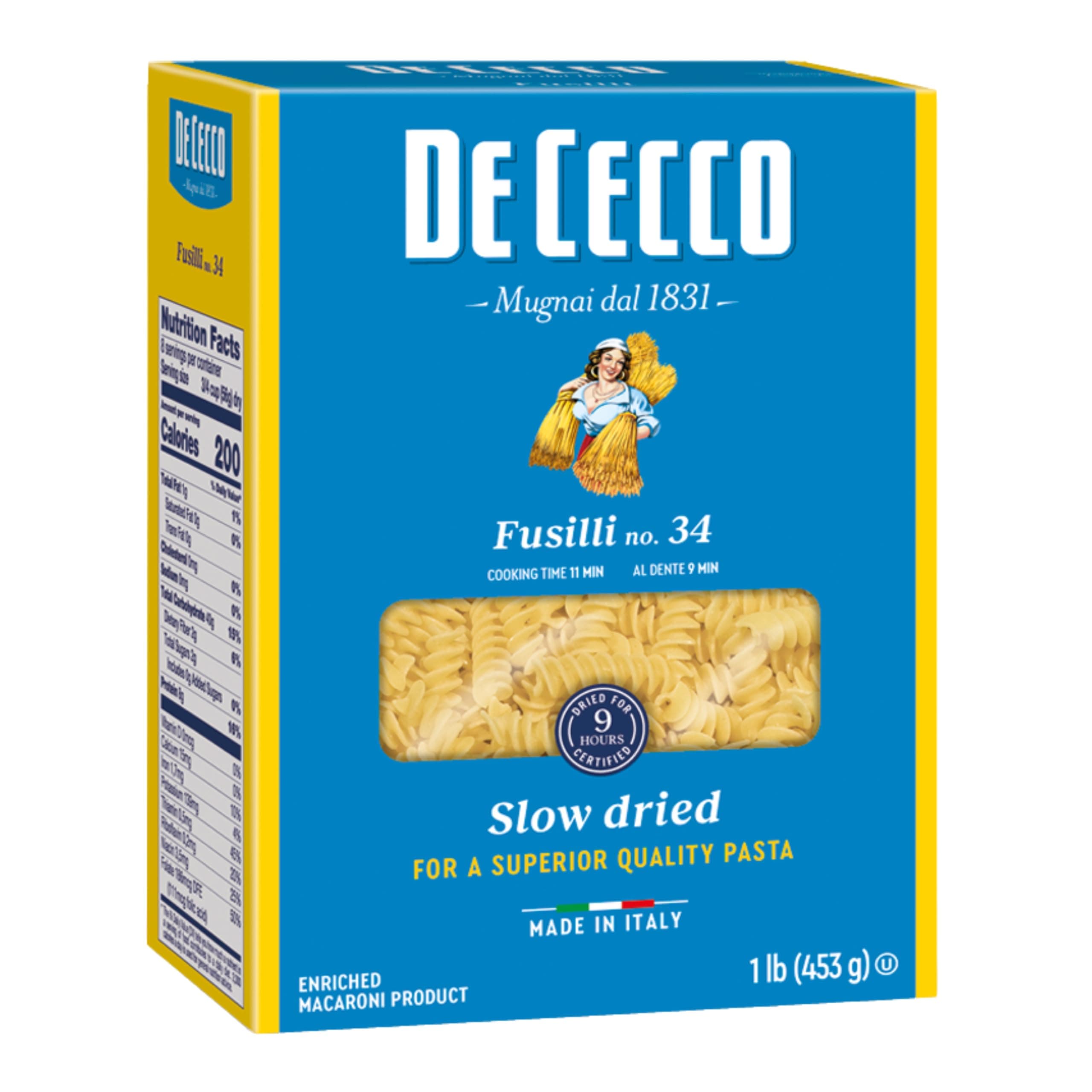De Cecco Fusilli No. 34 Pasta, 16 Oz, Authentic, Slow Dried, Made with Durum Wheat, Versatile Pasta for Sauces & Recipes, Made in Italy