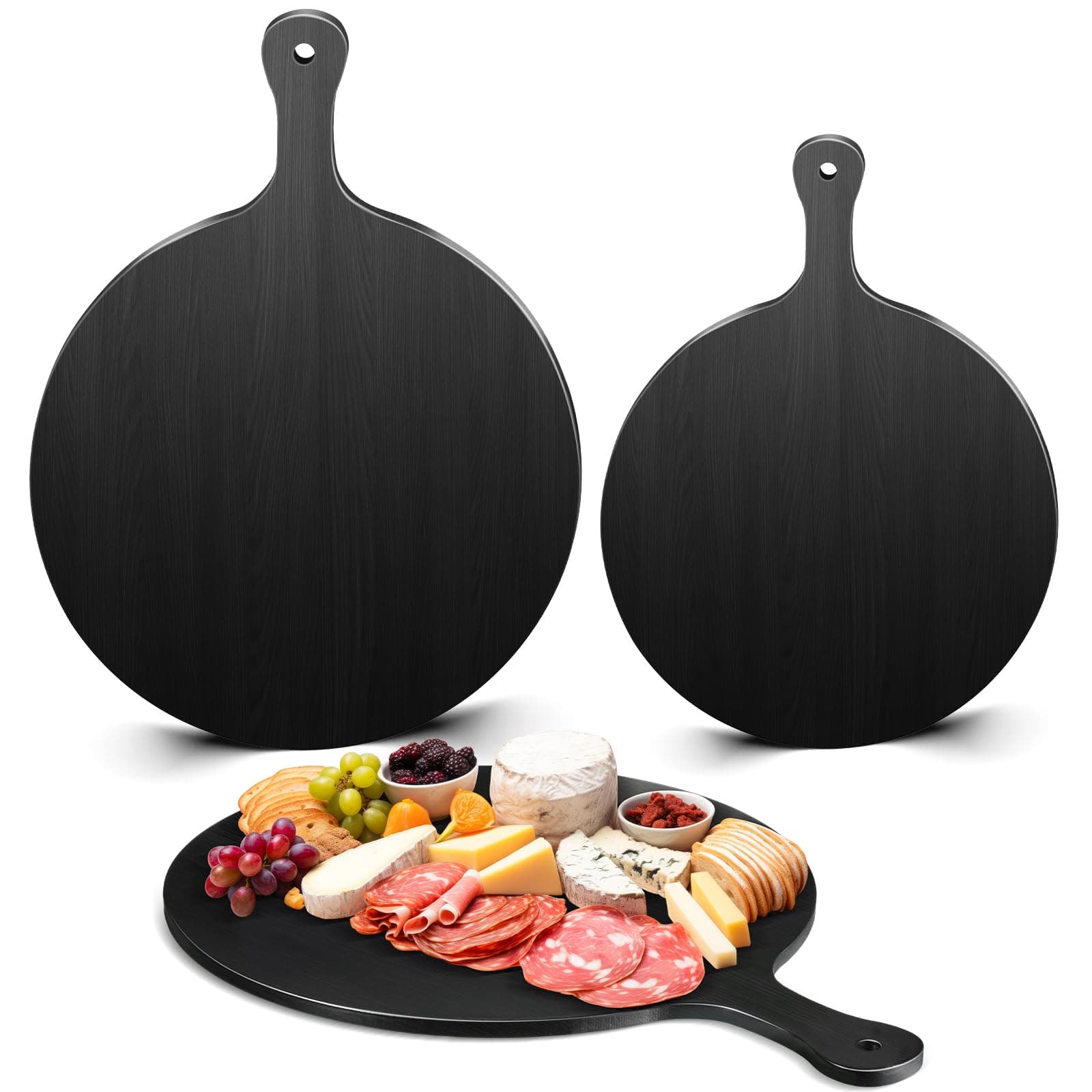 Geetery 2 Pcs Round Black Cutting Board with Handle Bamboo Cheese and Chopping Board Charcuterie Black Platter Tray for Kitchen Pizza Bread Vegetables DIY Holiday Present (11.6 Inch,9 Inch)