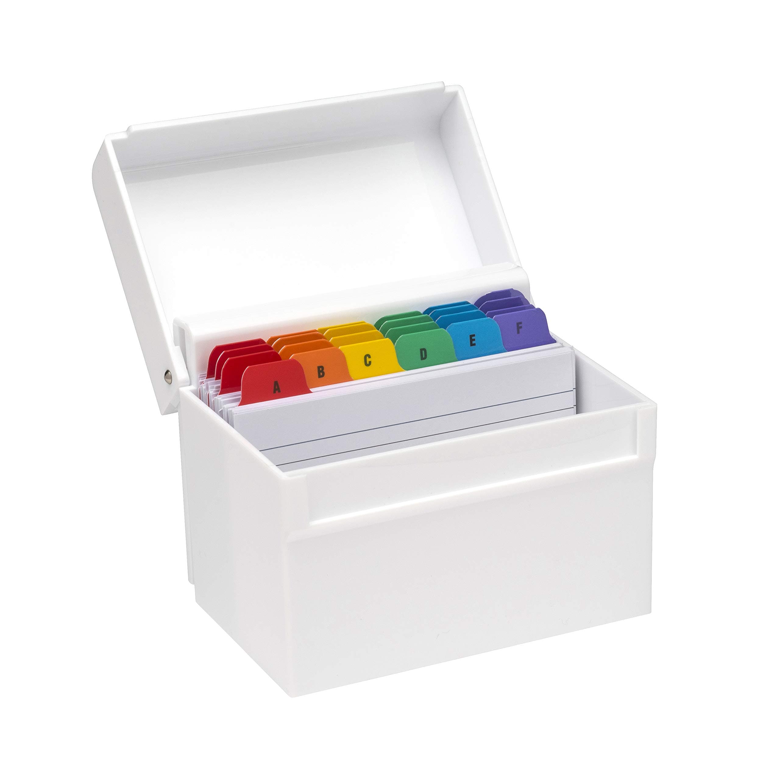 Osco Small White Hi-Gloss Plastic Index Box, A to Z Divider Tabs, 100 Lined Note Cards, Ruled Revision Flash, Recipe Notes, Contacts Filing, Desktop Organiser, Holds 5" × 3" cards (127 × 76 mm)
