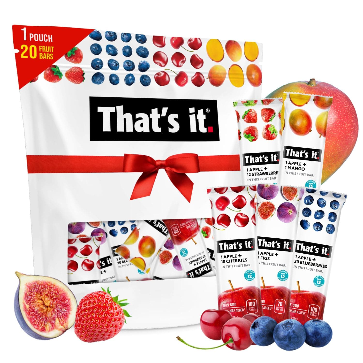 - That’s it. Fruit Bars Variety Pack (20 Pack) | 100% Natural Fruit Snacks, Gluten-Free, Vegan & Low Carb | Healthy Snack Bars – Strawberry, Mango, Blueberry, Cherry & Fig